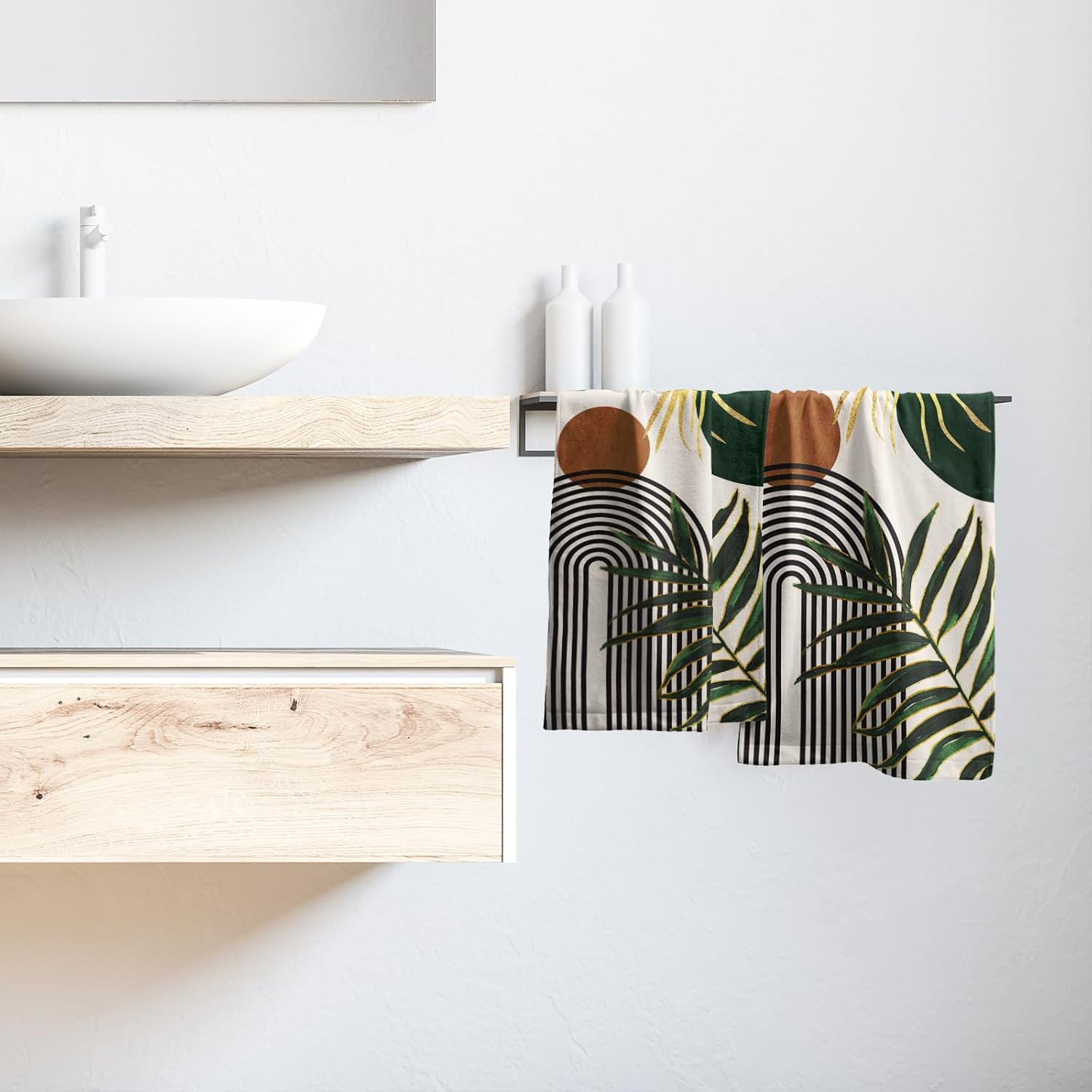 Giwawa Boho Leaves Hand Towels Mid Century Fingertip Towel Set of 2 Soft Kitchen Dish Towels Decorative Bathroom Towels