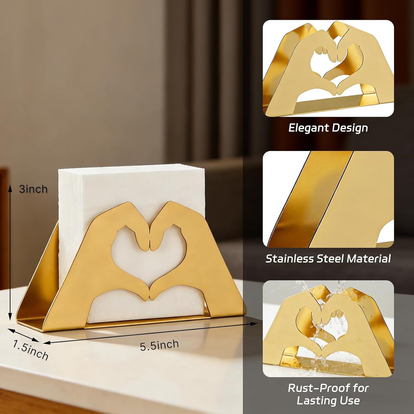 Love Heart Metal Napkin Holder for Paper Napkins & Mail / Gold