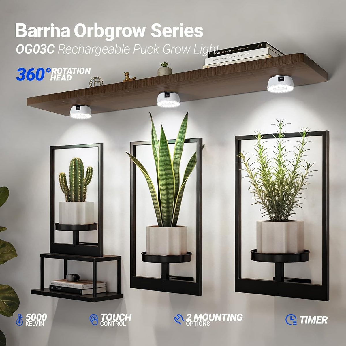 Barrina Orbgrow OG03C Rechargeable Puck Grow Light, 5000K, 4 Packs, White | Cordless Full Spectrum Plant Light for