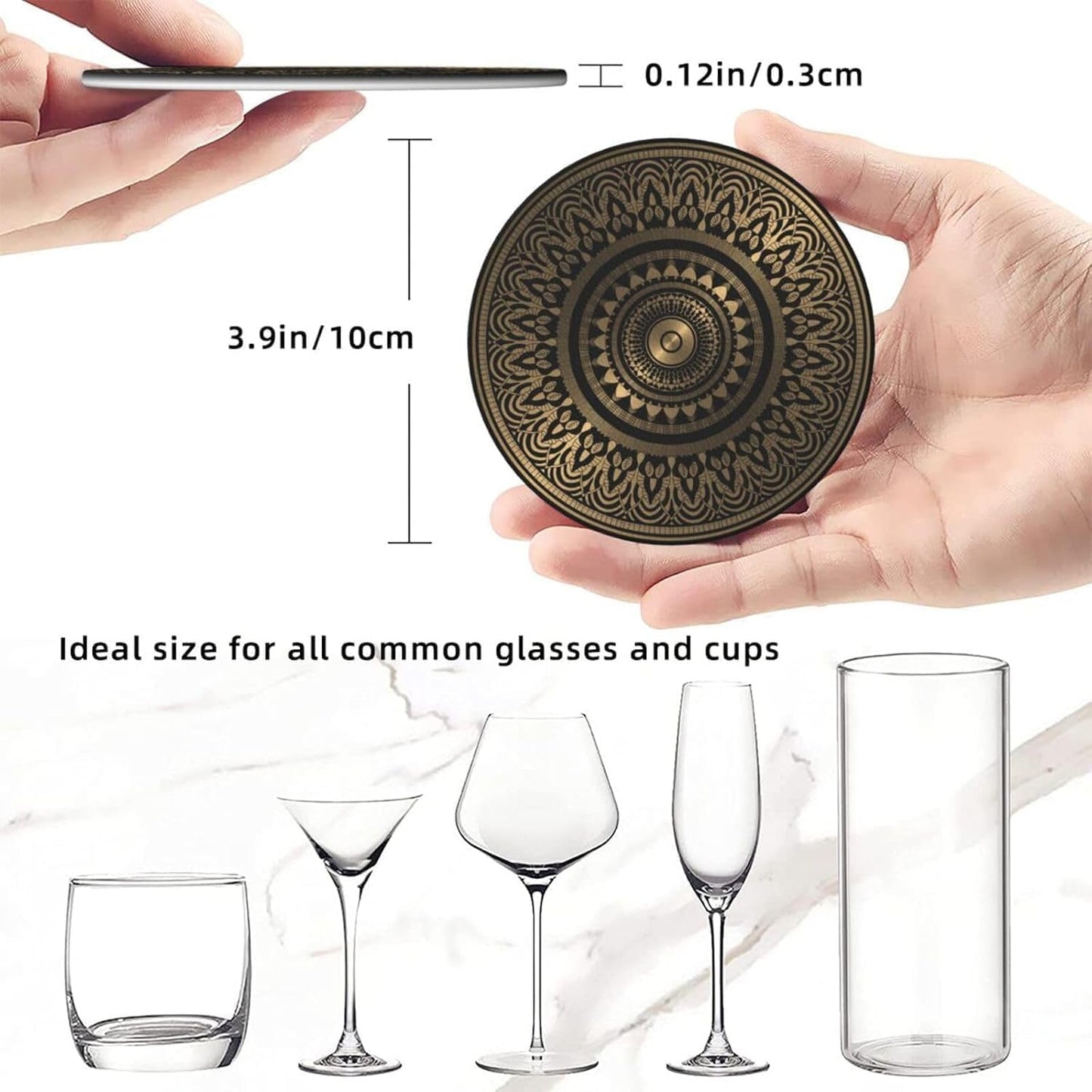 Holder Stand / Pu Leather Absorbent Coasters / Gold Black Mandala Rosette / Set of 6