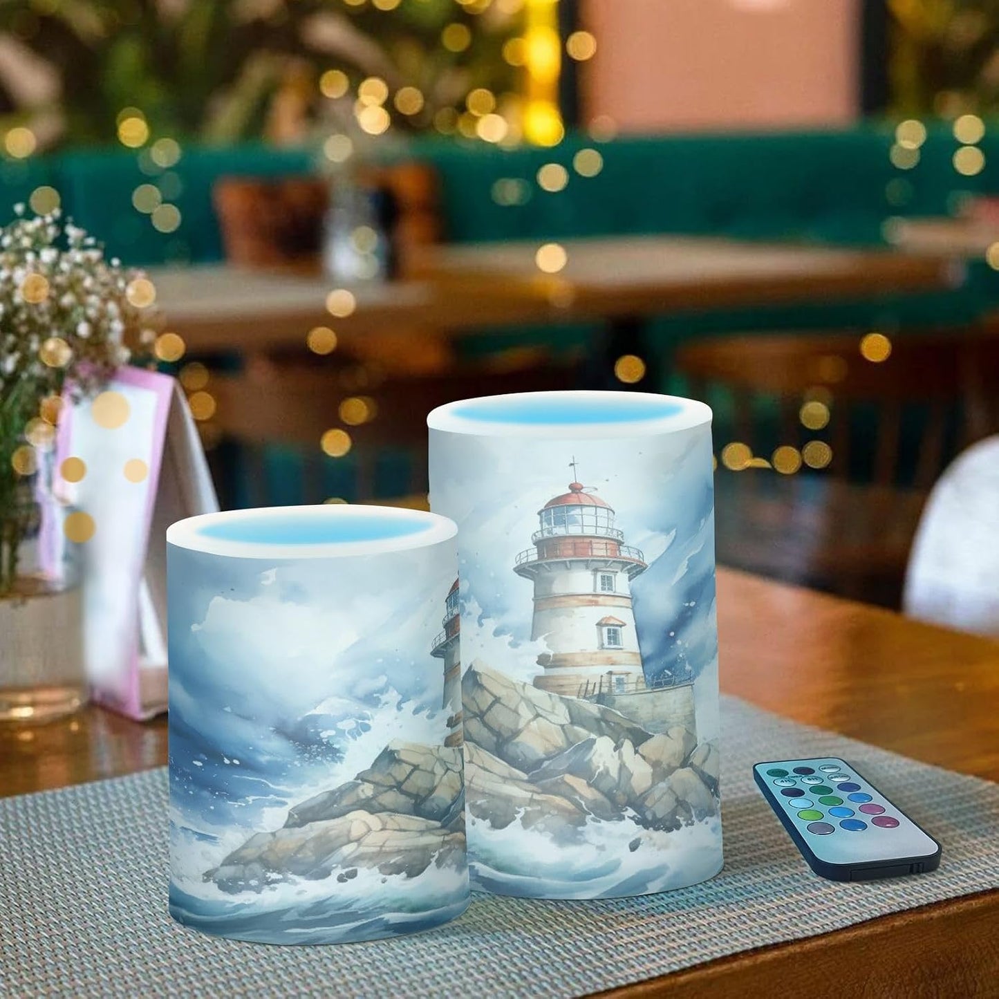 Flickering Flameless Candles, Lighthouse Ocean LED Candles with Remote Timer, Set of 2 Battery Operated Candle for