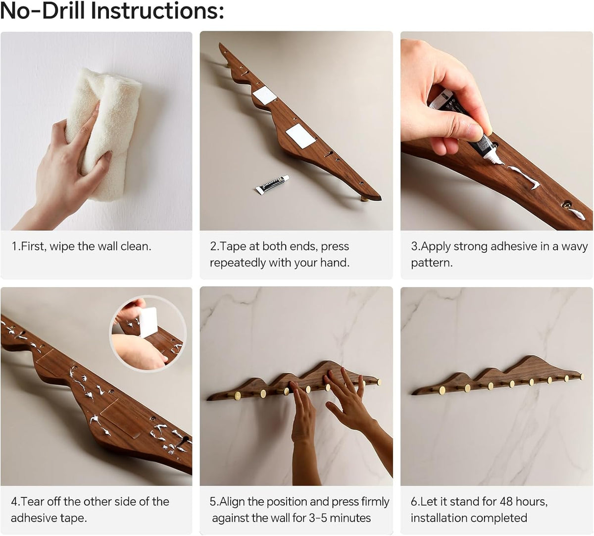 Wall Coat Rack, Walnut Wood, 8 Hooks | Elegant, Solid Coat Hanger Wall Mount, Brass Hooks, Moisture-Resistant Wax Oil
