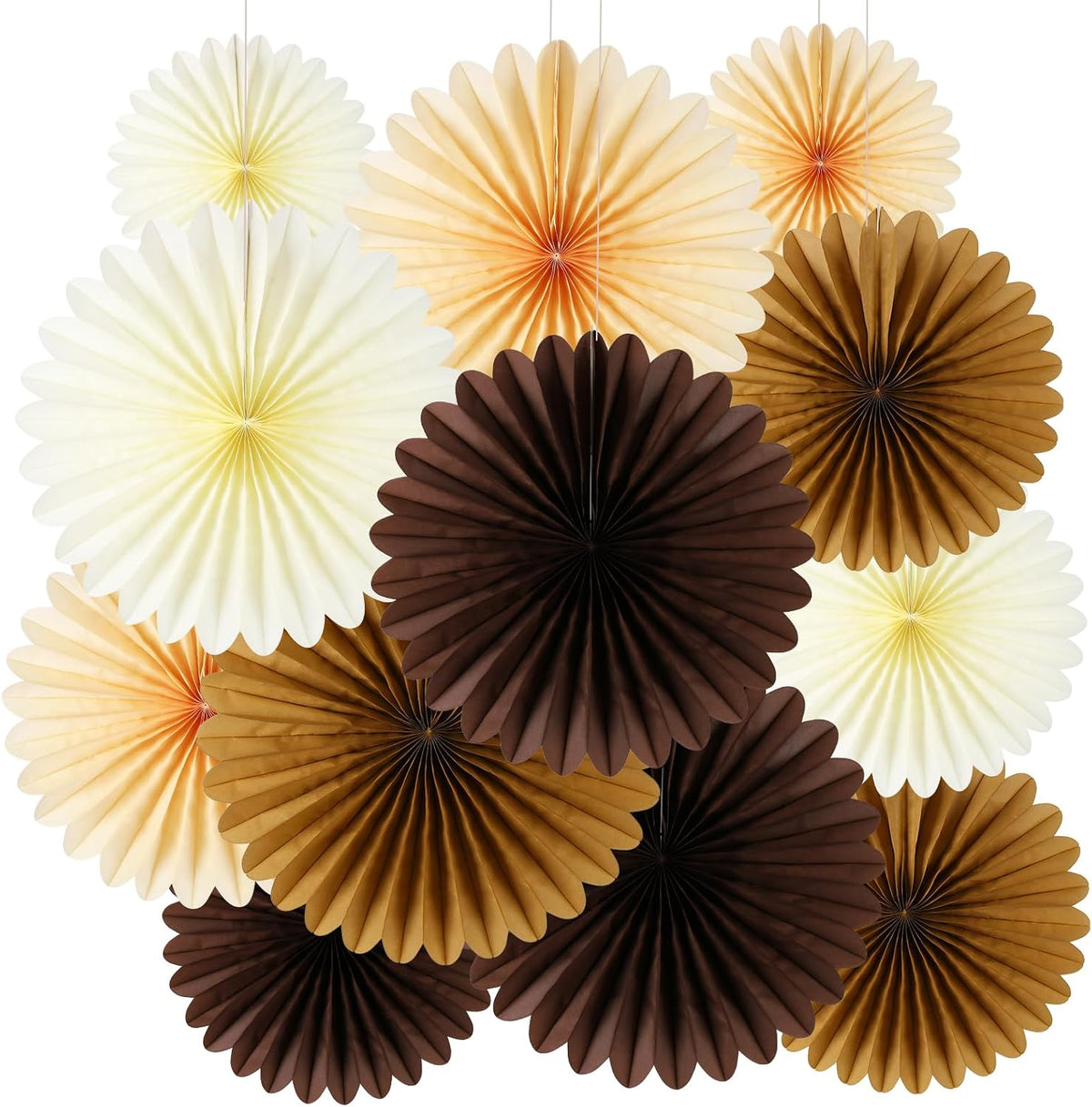 BestoFun 12PCS Paper Fans Brown Neutral Boho Party Decorations Tissue Paper Flowers Paper Fans Party Decorations for Girl Groovy Birthday Baby Shower Wedding Bachelorette Room Wall Hanging Décor