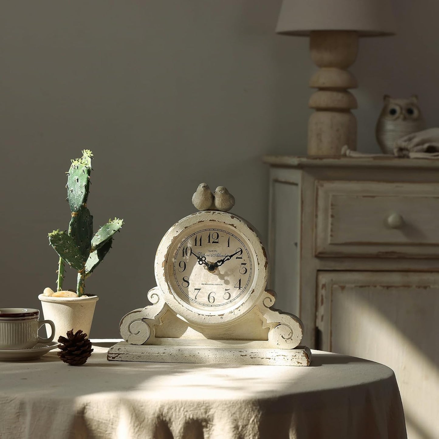 NIKKY HOME Vintage Bird Mantel Clock, Shabby Chic Wooden Table Clock | Rustic Distressed White Desk Clock with 2 Bird