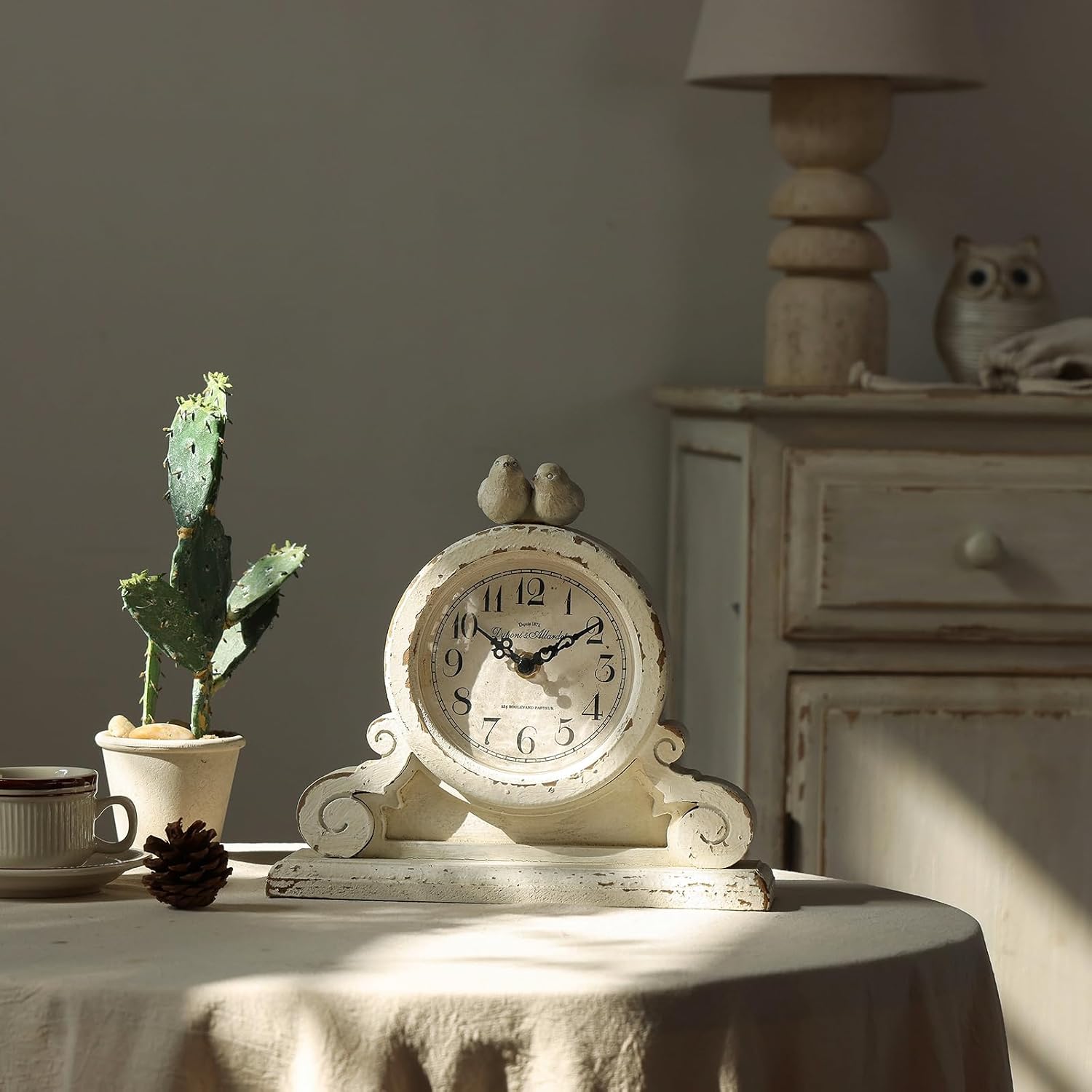 NIKKY HOME Vintage Bird Mantel Clock, Shabby Chic Wooden Table Clock | Rustic Distressed White Desk Clock with 2 Bird