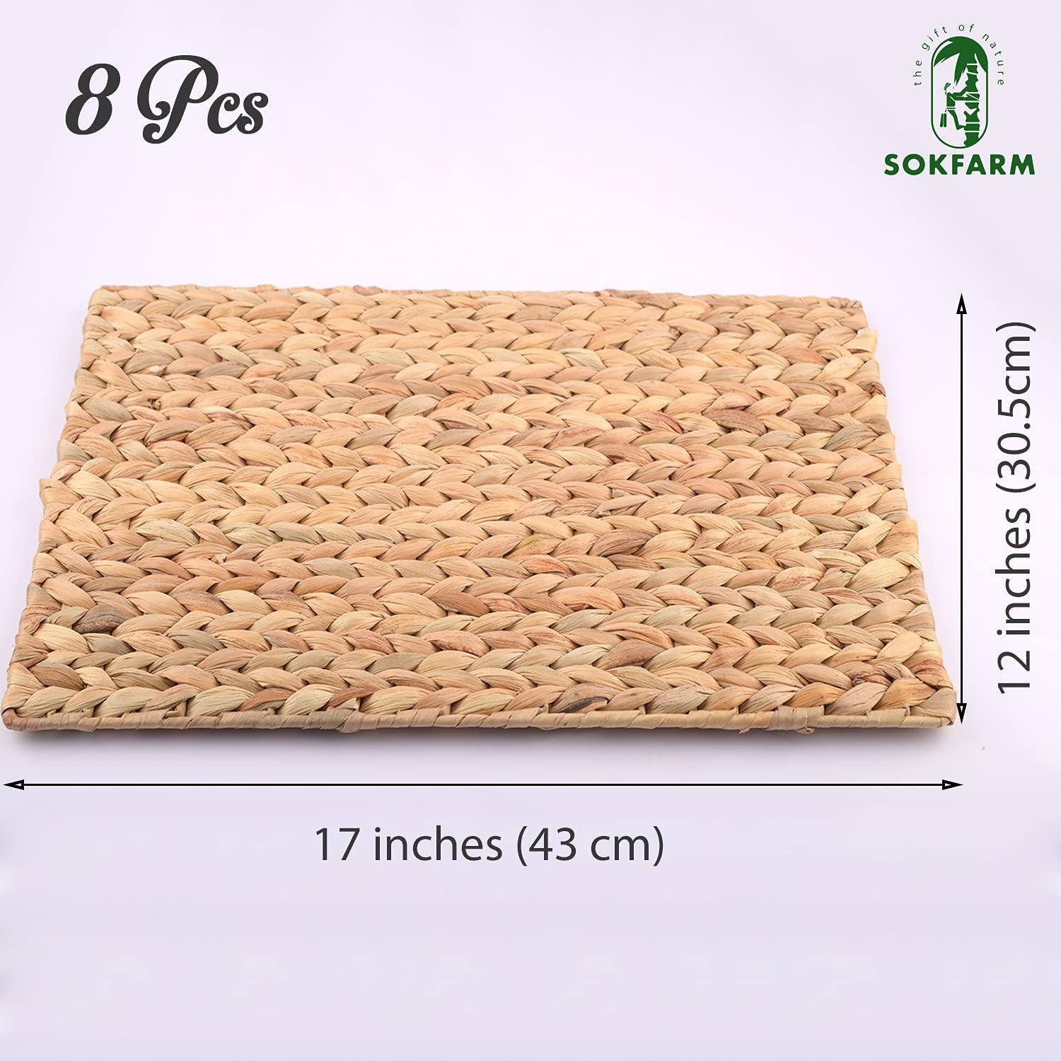 Water Hyacinth Rectangular Placemats Set of 8, Woven Rattan Placemats for Dining Table, Heat Resistant Wicker Table