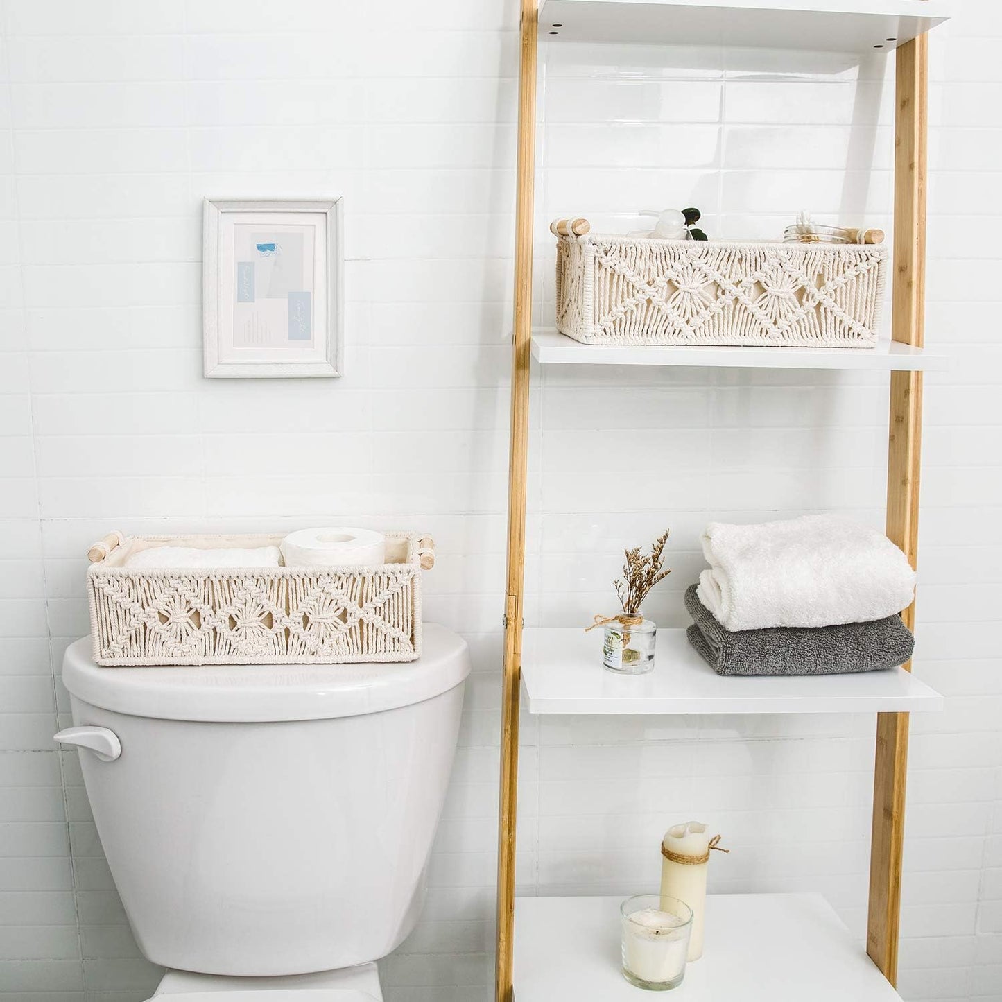 Macrame Storage Baskets Boho Decor Box Handmade Woven Decorative Countertop Toilet Tank / Ivory