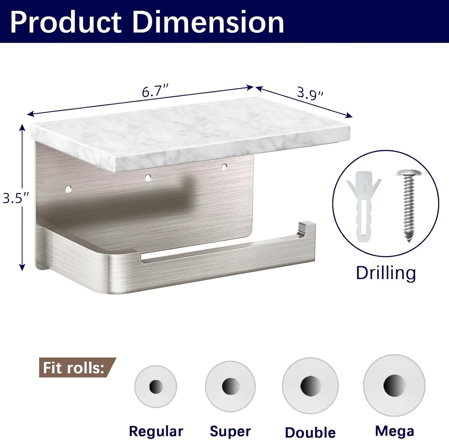 Gypie Toilet Paper Holder with Marble Shelf, Wall Mounted Brushed Nickel | Toilet Roll Holder for Bathroom Washroom