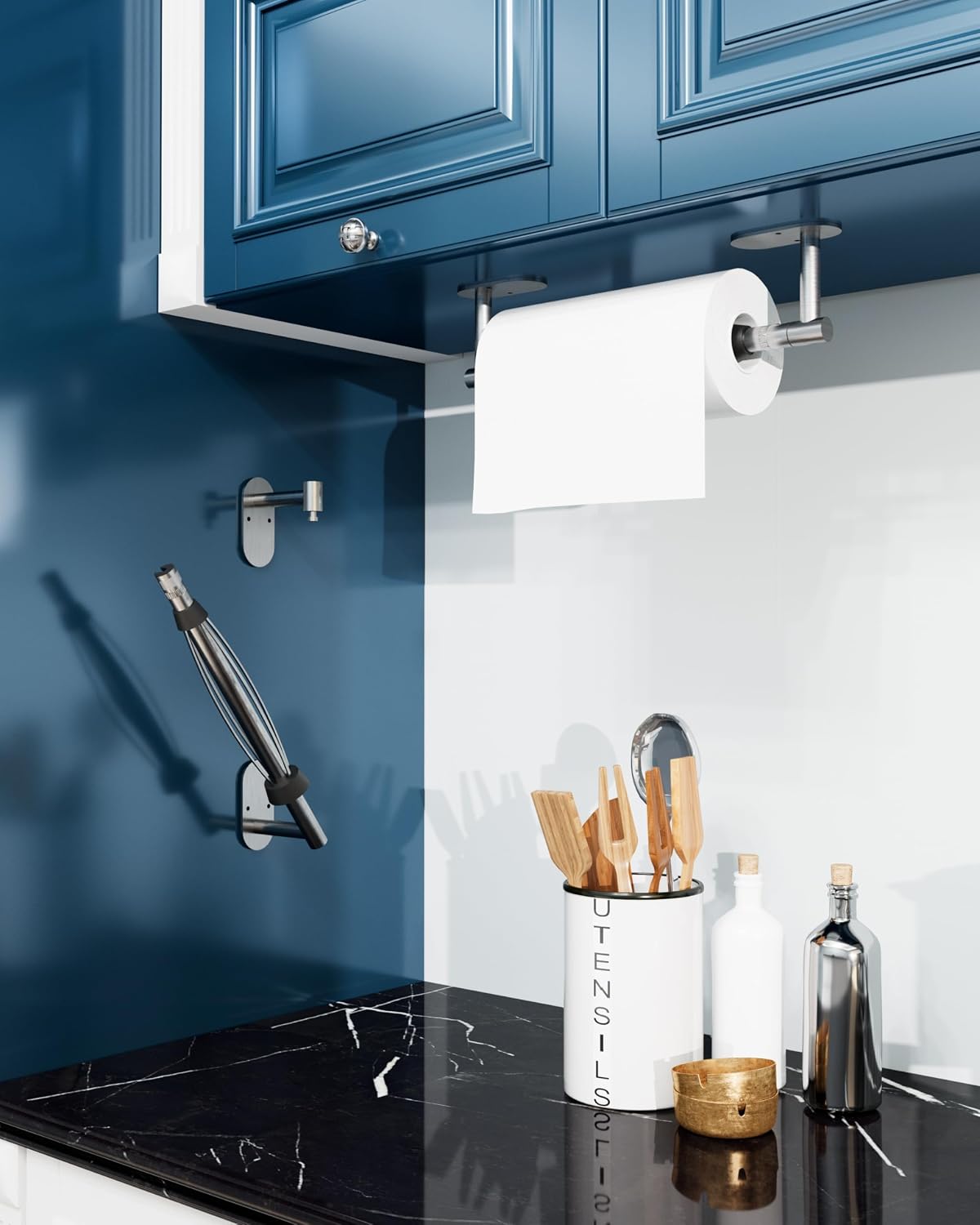 Paper Towel Holder Under Cabinet One Hand Operable, Silver | Round Base,Damping Effect, Drill Wall Mount or