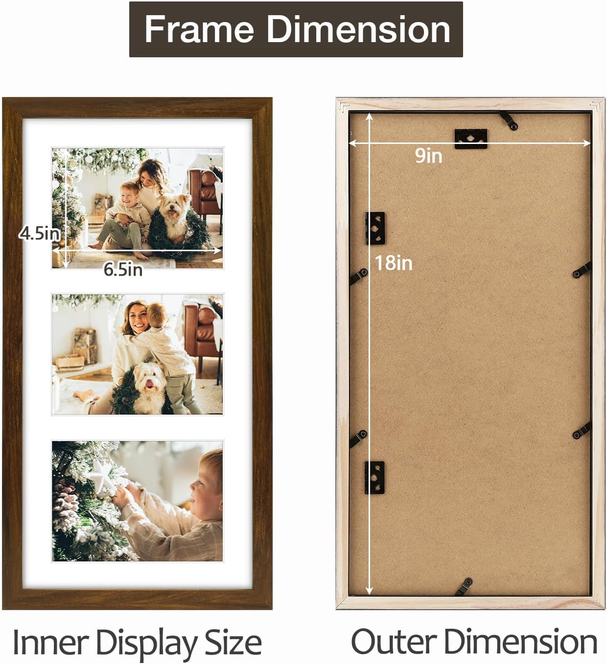 Golden State Art Three 5x7 Collage Picture Frame - Solid Wood with Tempered Glass - Multi Picture Frame Display Three