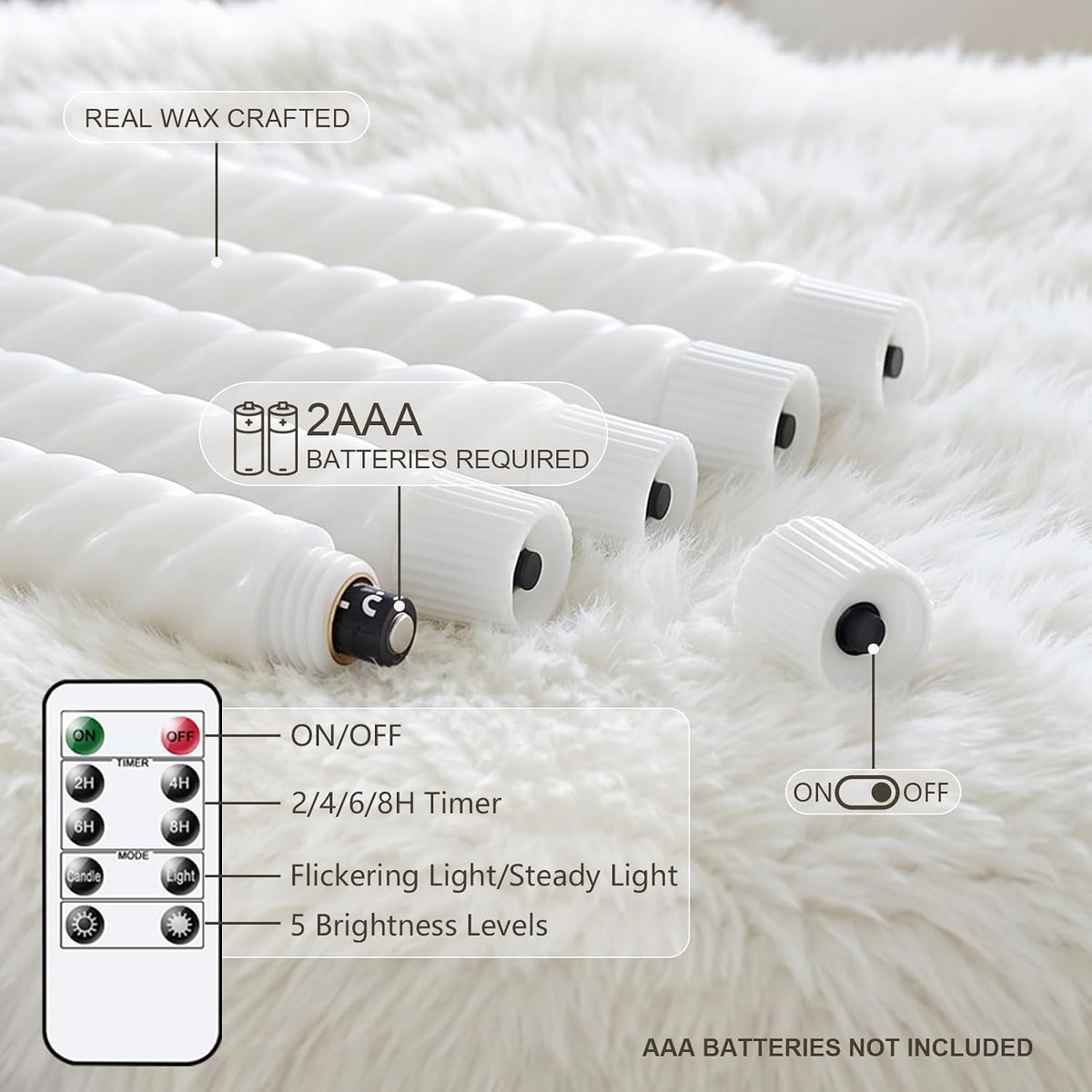 White Flameless Taper Candles Flickering with Remote Timer | LED Spiral Taper Candles, Flameless Candlesticks, Battery