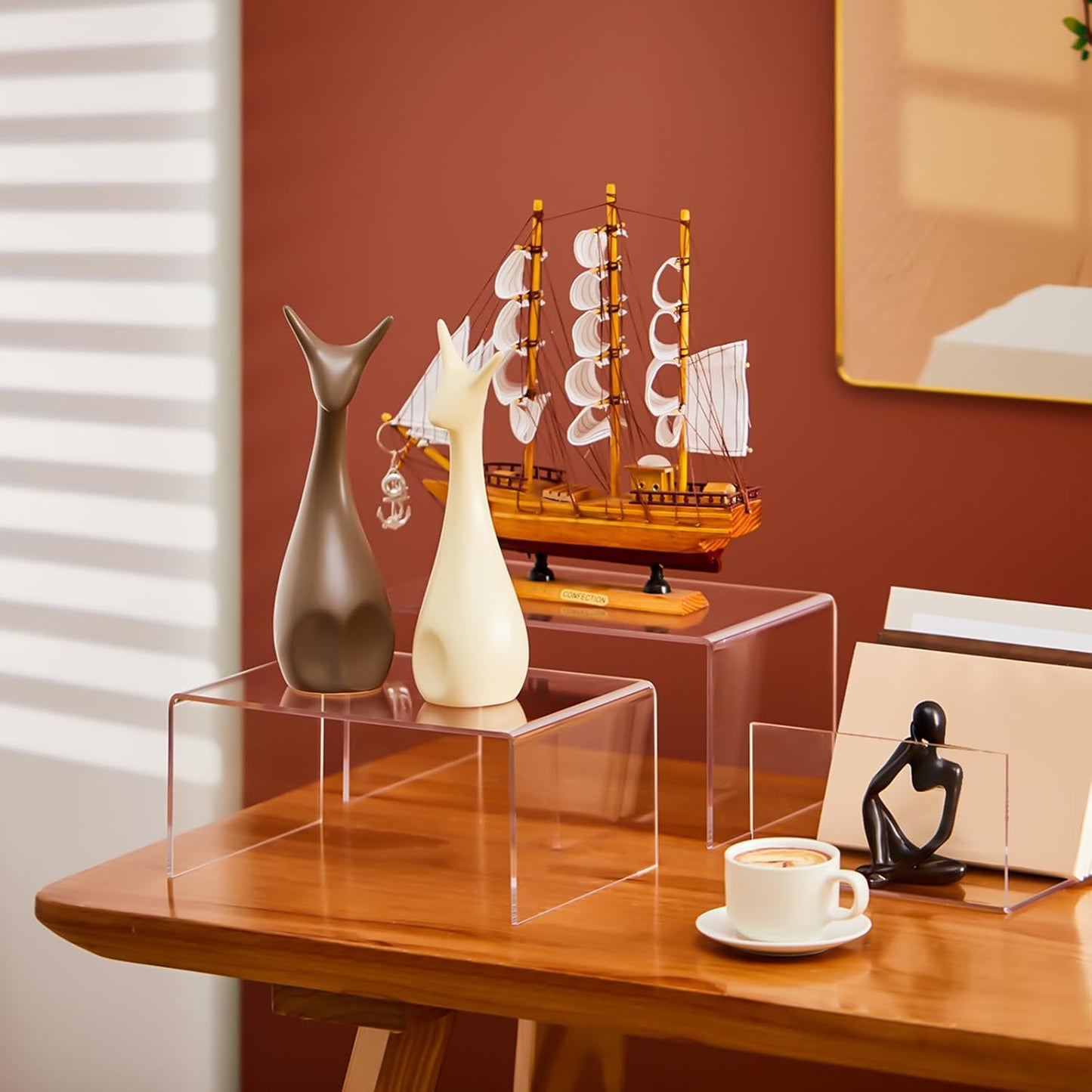 RattanView 3 Pcs Extra Large 12,11,10.25 Inch Acrylic Display Risers Clear Acrylic Shelf Riser Display Stands 5 mm