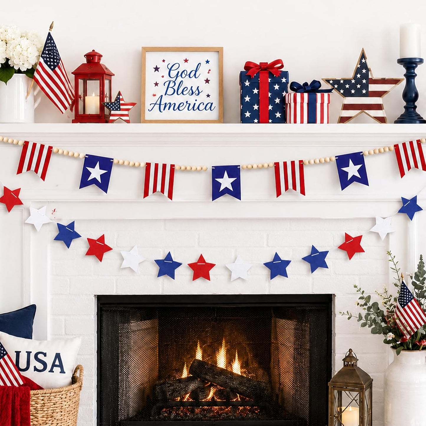 4th of July Wood Bead Garland Banner 250th Anniversary Patriotic Decorations American Flag / Red