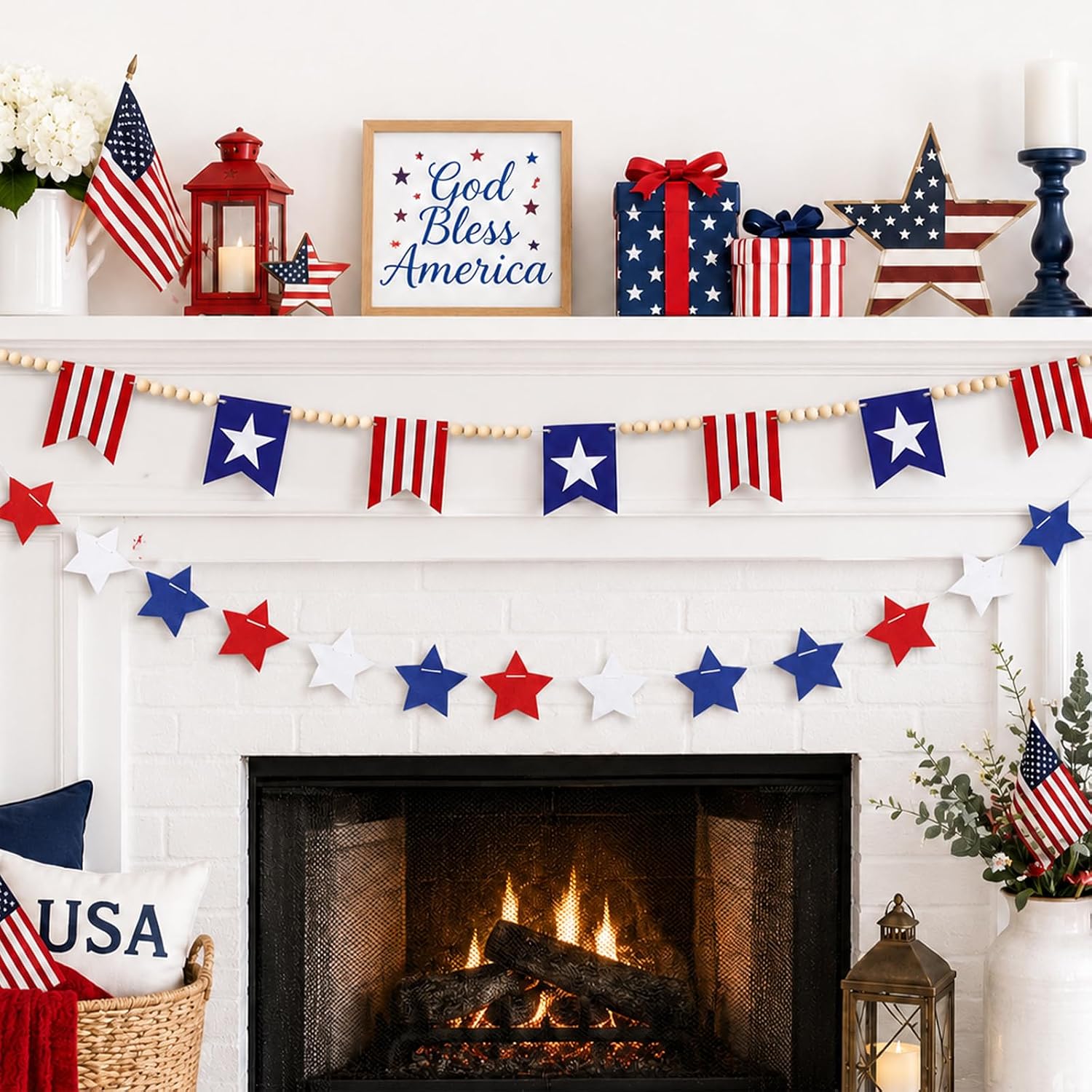 4th of July Wood Bead Garland Banner 250th Anniversary Patriotic Decorations American Flag / Red