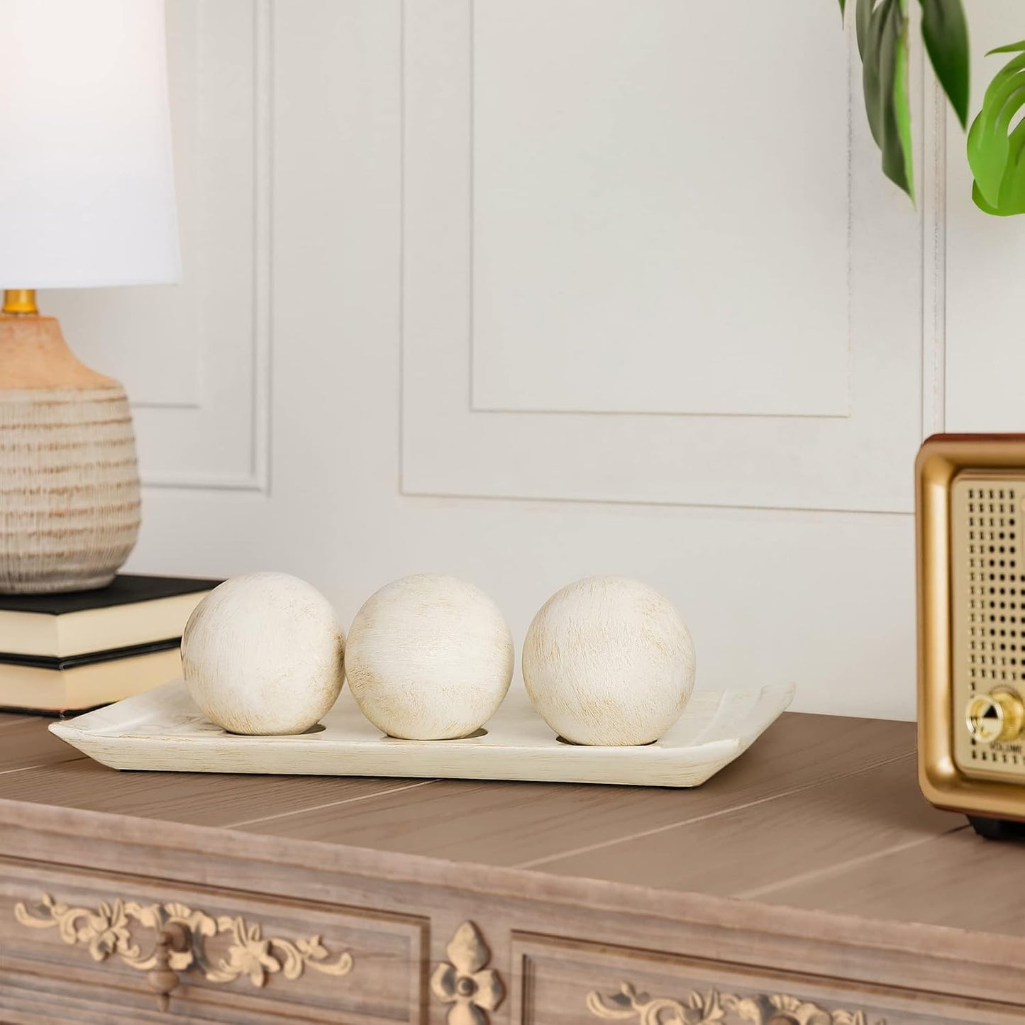 Rustic Luxe Decorative Tray and Orb Set / Distressed White