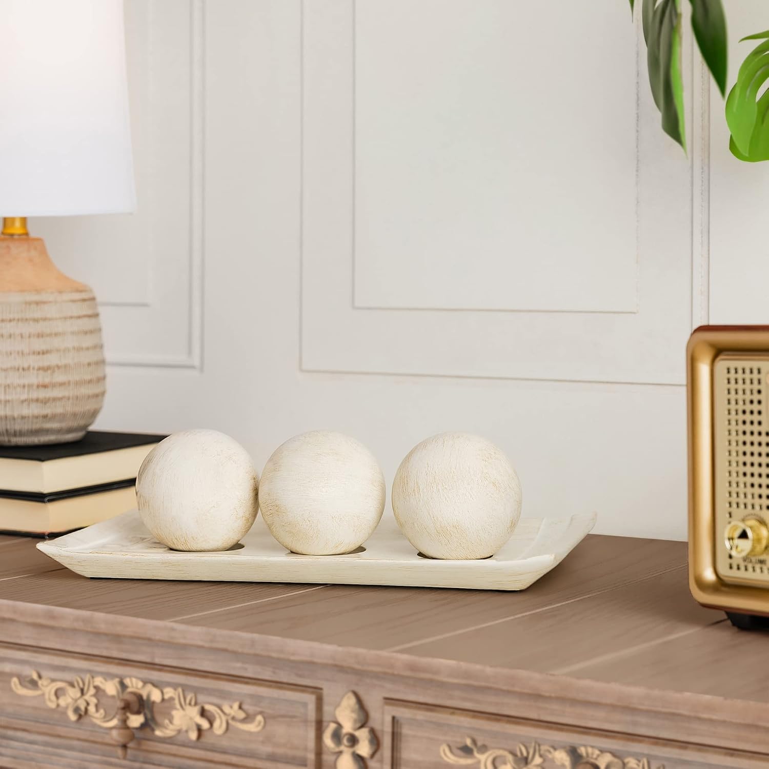 Rustic Luxe Decorative Tray and Orb Set / Distressed White
