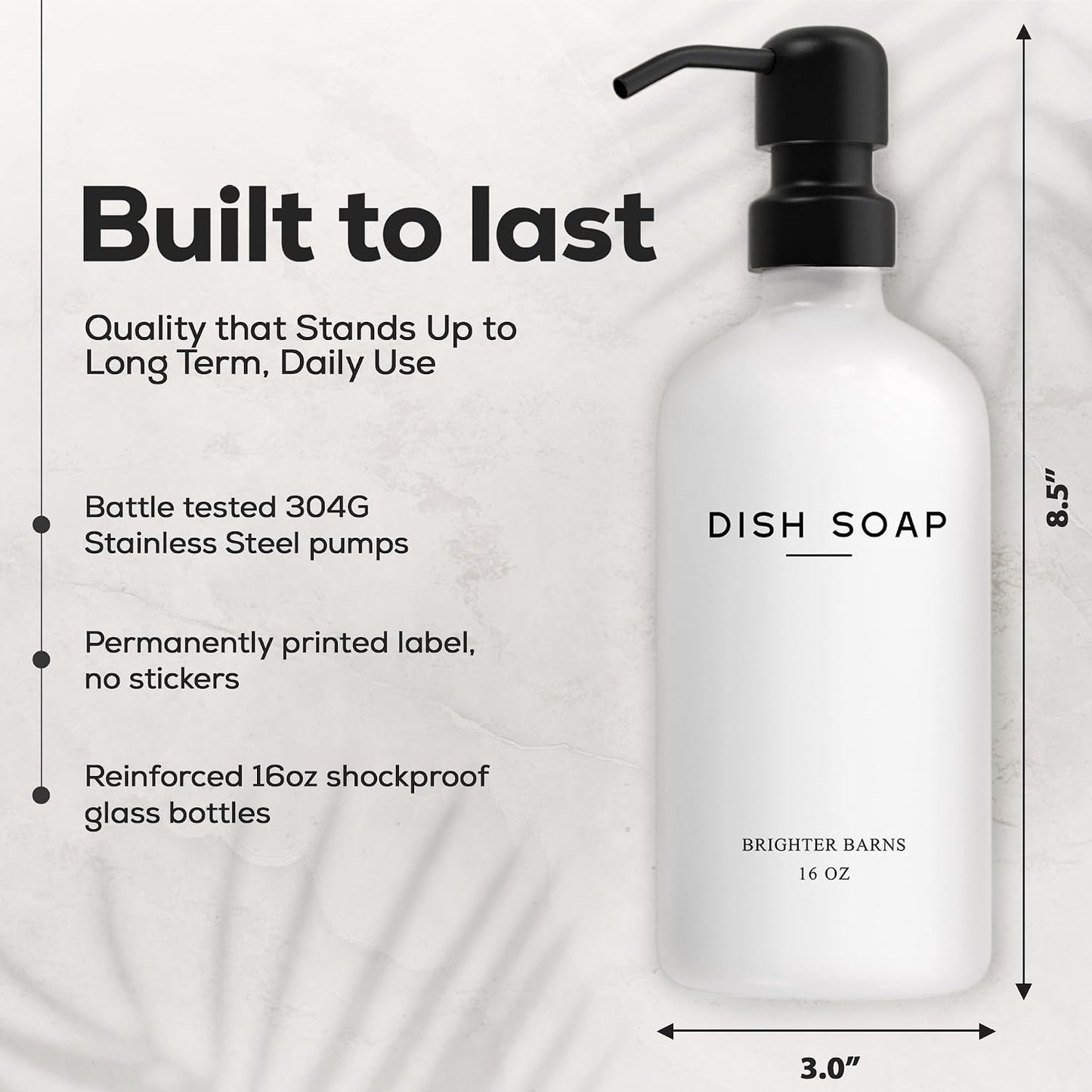 White Glass Hand and Dish Soap Dispenser Set by Brighter Barns - Kitchen Soap Dispenser & Stainless Steel Pump - Glass