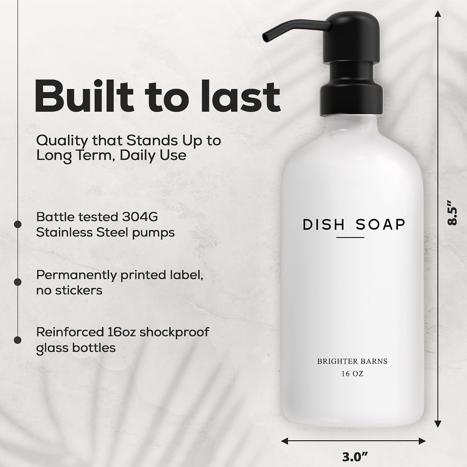 White Glass Hand and Dish Soap Dispenser Set by Brighter Barns - Kitchen Soap Dispenser & Stainless Steel Pump - Glass