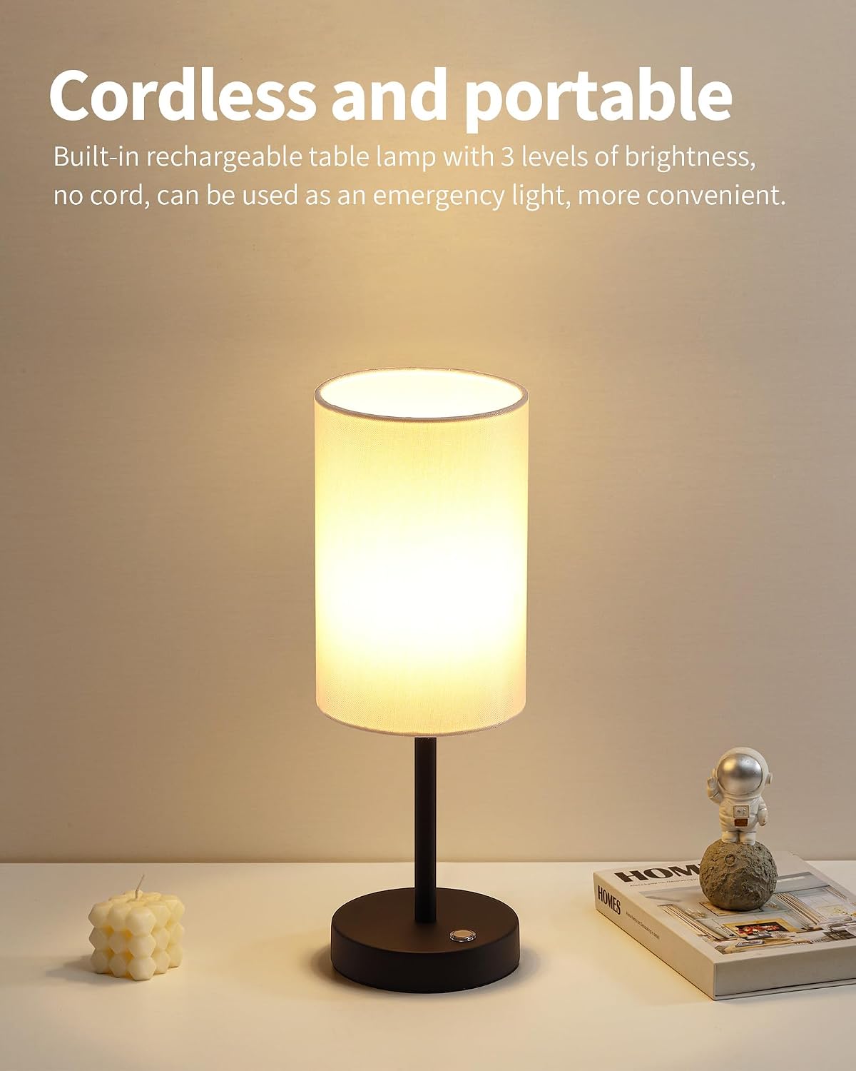 KDG Black Cordless Table lamp, Portable Bedside 4000mAh LED Desk Lamp | Rechargeable 3 Brightness Levels Emergency