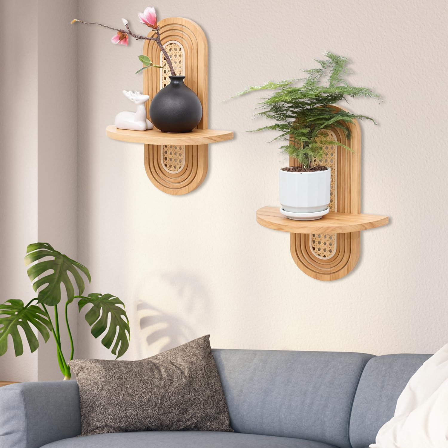 Floating Shelves / Rattan Plant Shelf / Natural / Set of 2