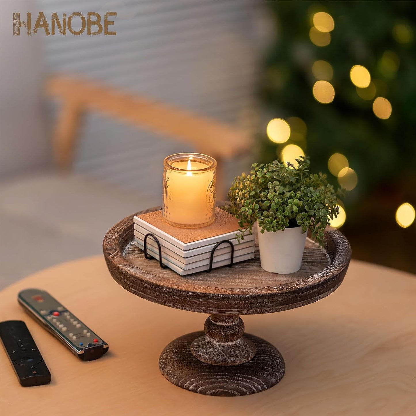 Rustic Wooden Risers Round Decorative Pedestal Plate Stand Holder Tray