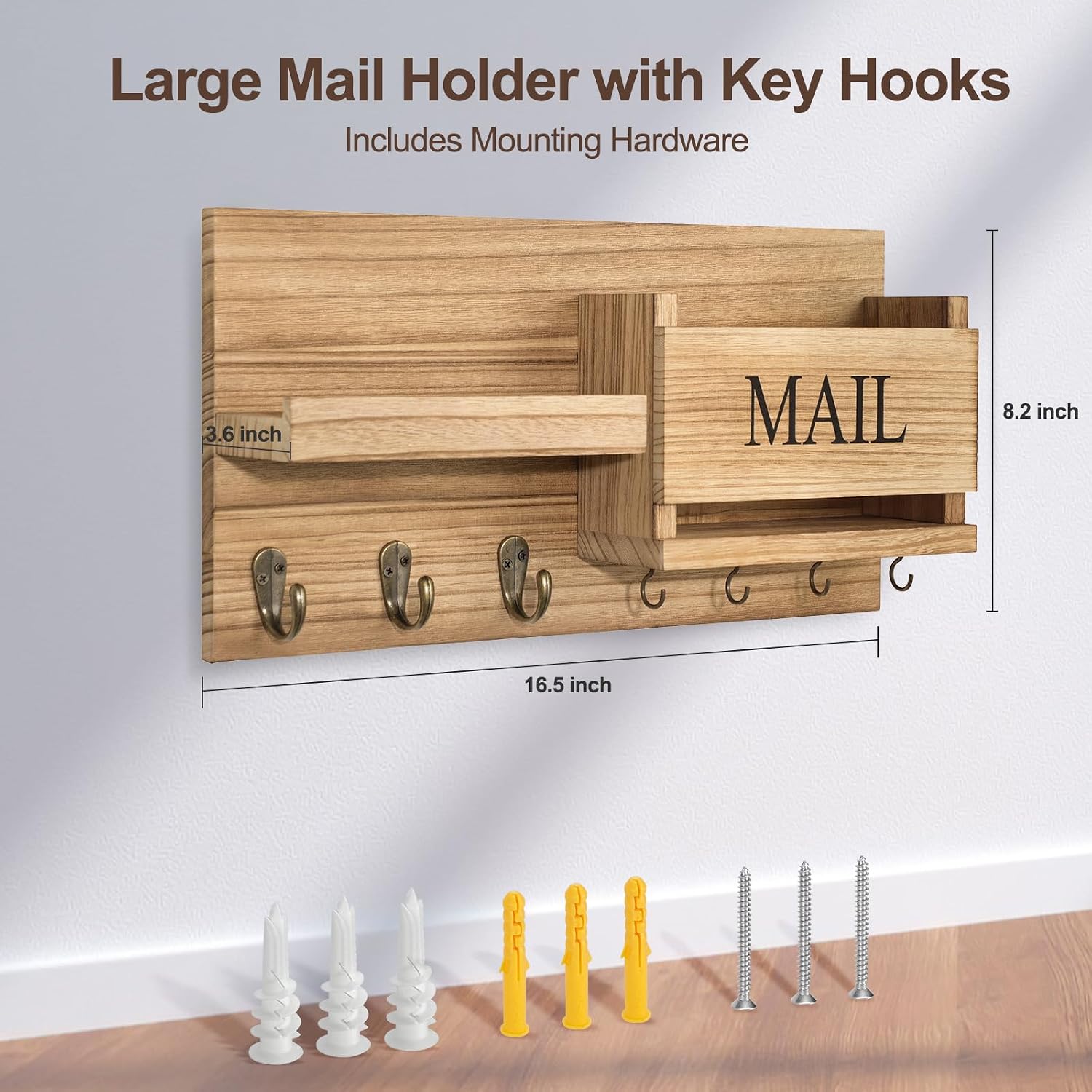 Shelf Includes Letter Holder and Hooks for Hallway Farmhouse / Wood