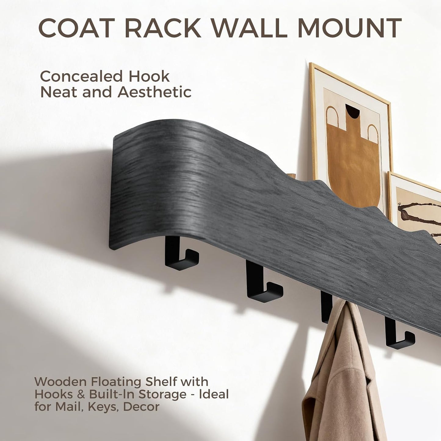 Shelf Entryway Shelf Modern Key Holder Hanger Wall Shelves / Wavy Black / 5 Hooks