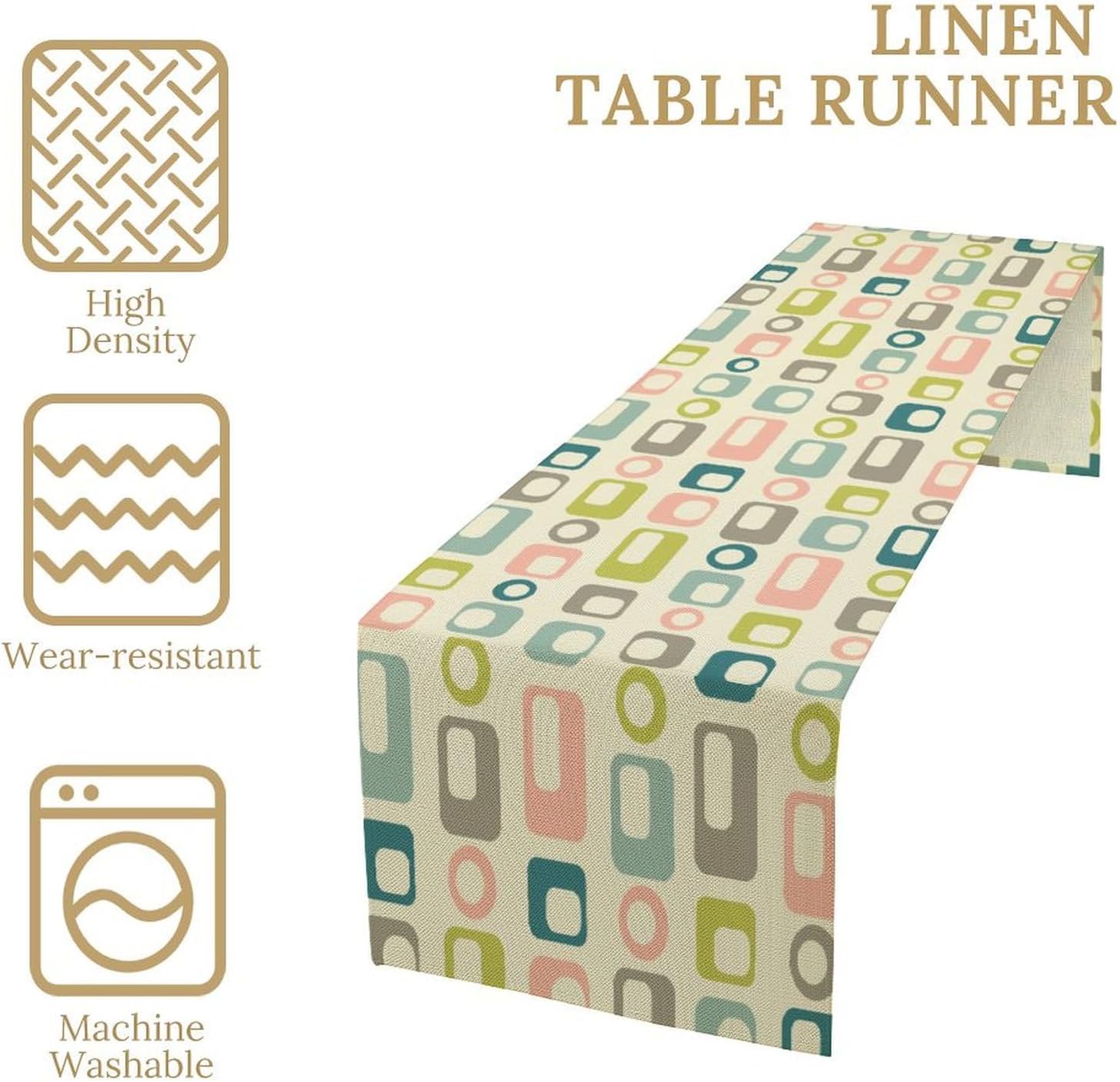 Mid Century Table Runner,Colorful Abstract Aesthetic Geometric Minimalist Patterns Printed Linen Table Runner for Home