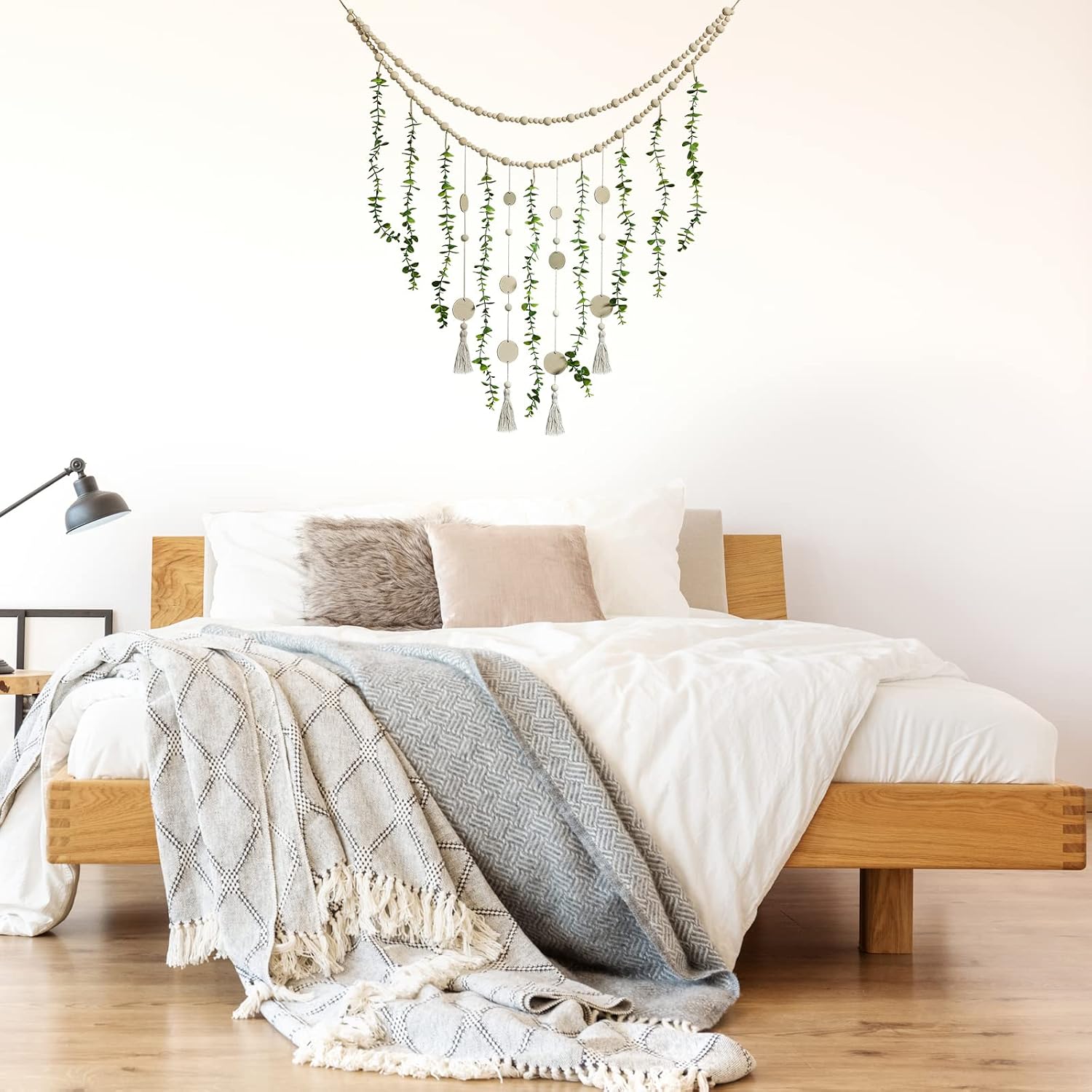 Hanging Eucalyptus Boho Wall Decor Large Boho Bedroom Wall Hanging Wooden Bead Garland / Natural