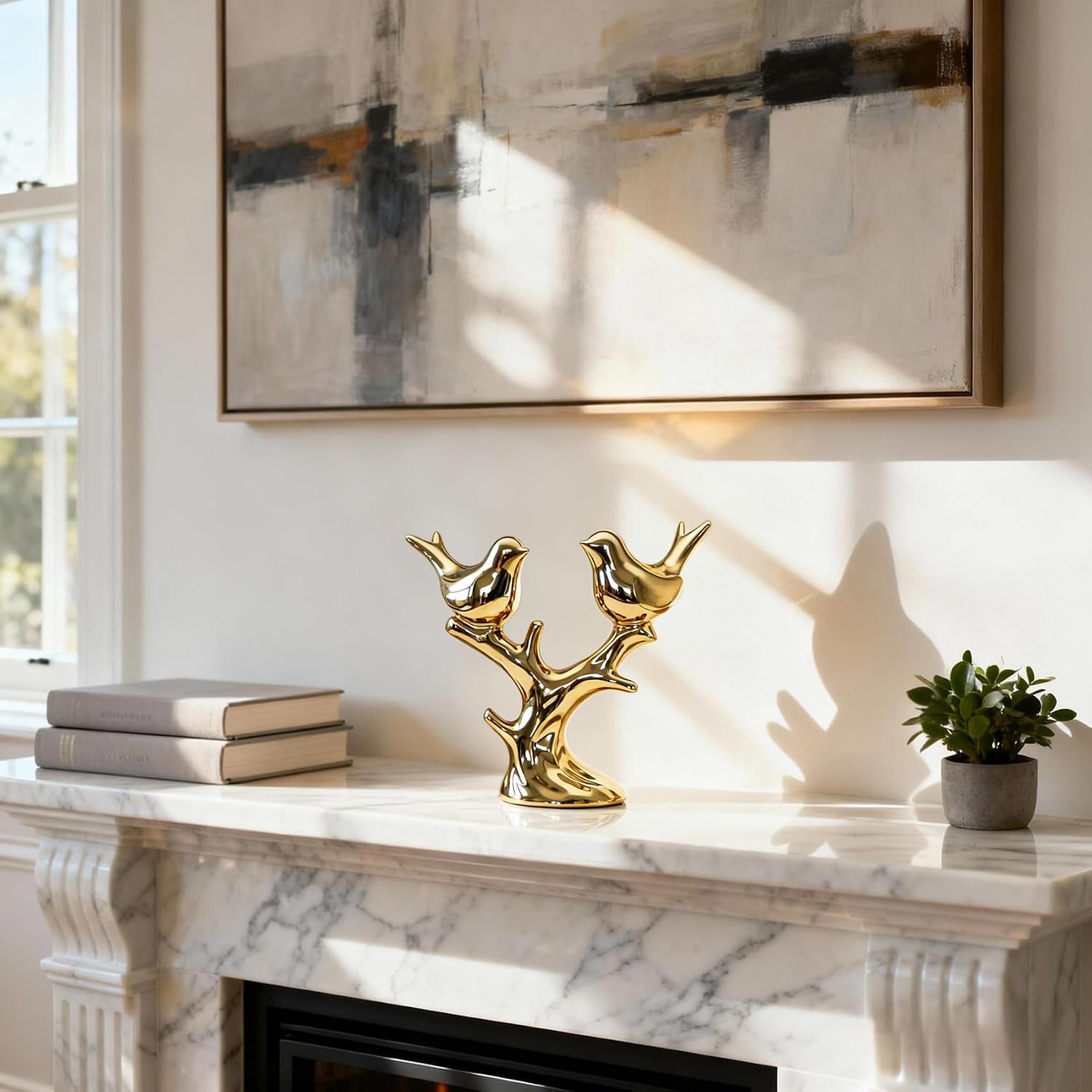 Gold Ceramic Bird Statue / Electroplated Gold