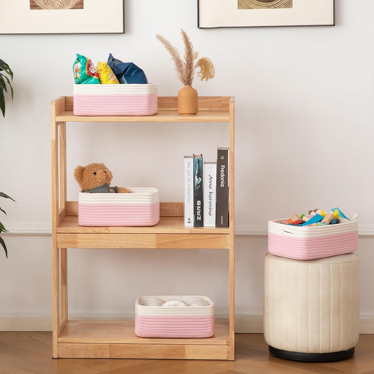 Small Bins / Organizer Baskets / Pink/white / 11.8"*7.8"*4.7 / Set of 4