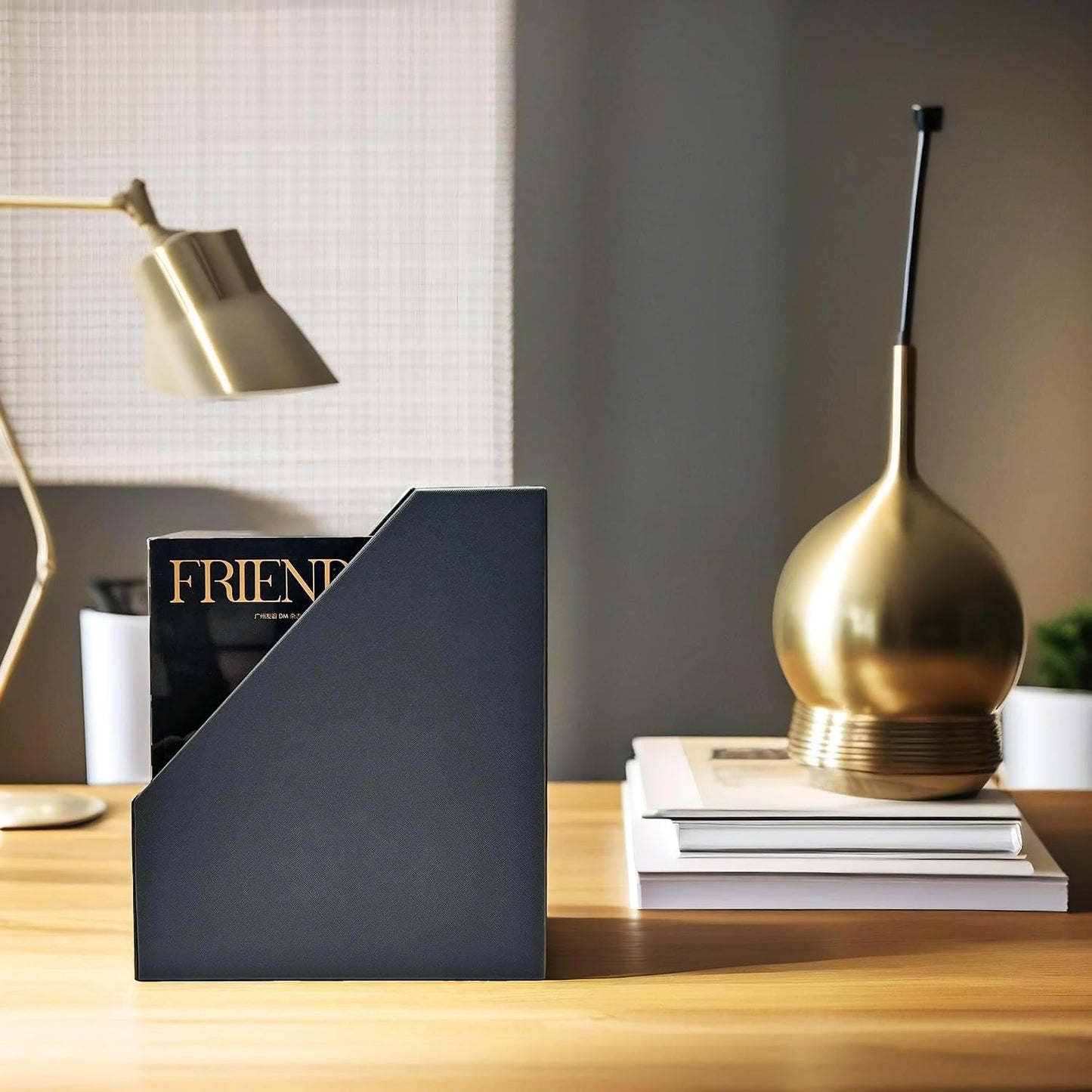 UnionBasic Magazine File Holder, Grey | Leatherette, Desktop Document Organizer, Home Office Paper Holder, File Storage