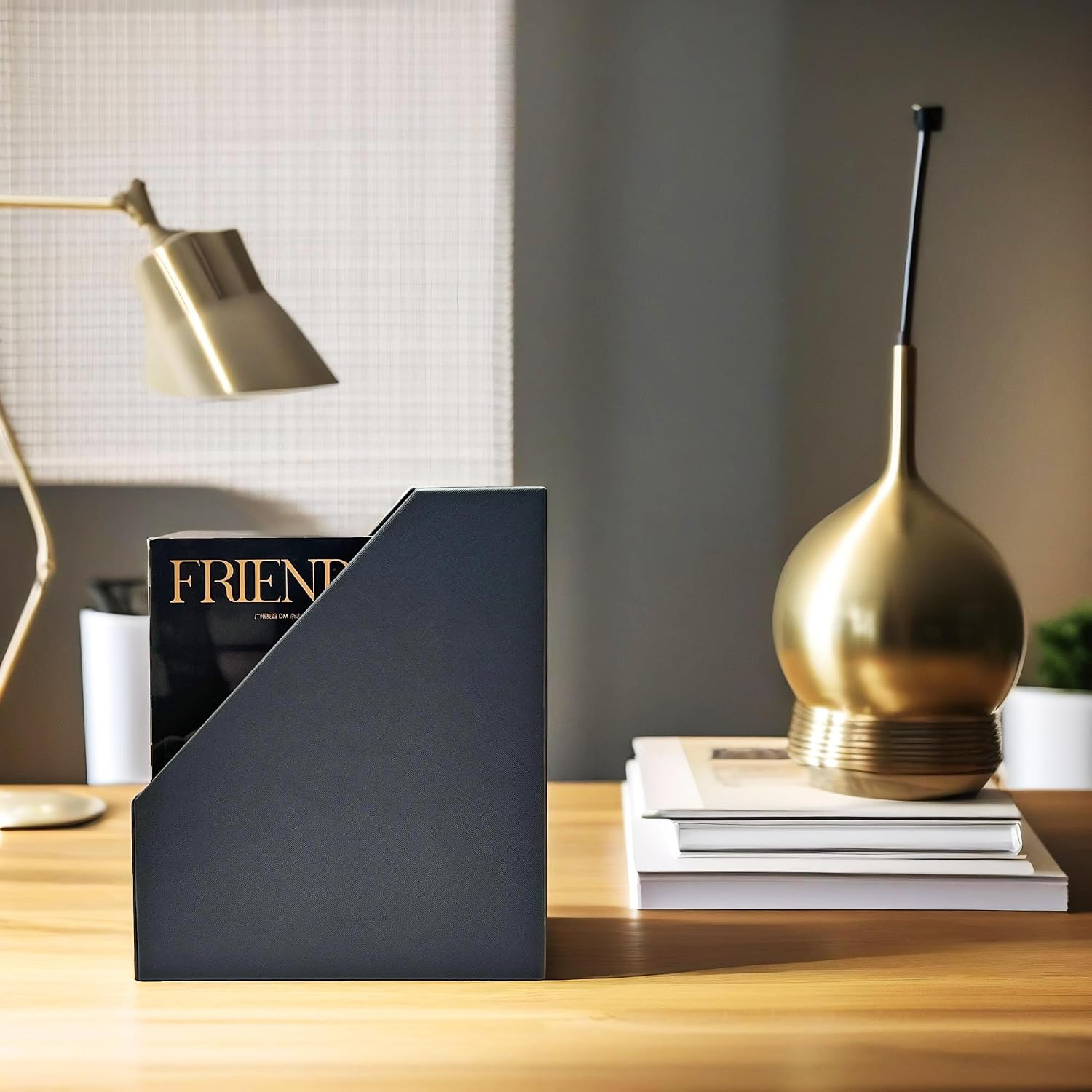 UnionBasic Magazine File Holder, Grey | Leatherette, Desktop Document Organizer, Home Office Paper Holder, File Storage