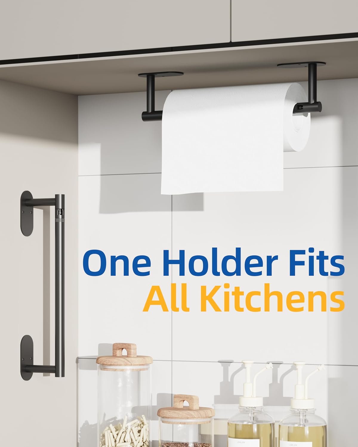 RUACQ Paper Towel Holder Under Cabinet, Stainless Steel, Matte Black | Drill Wall Mount or Adhesive, Round Base