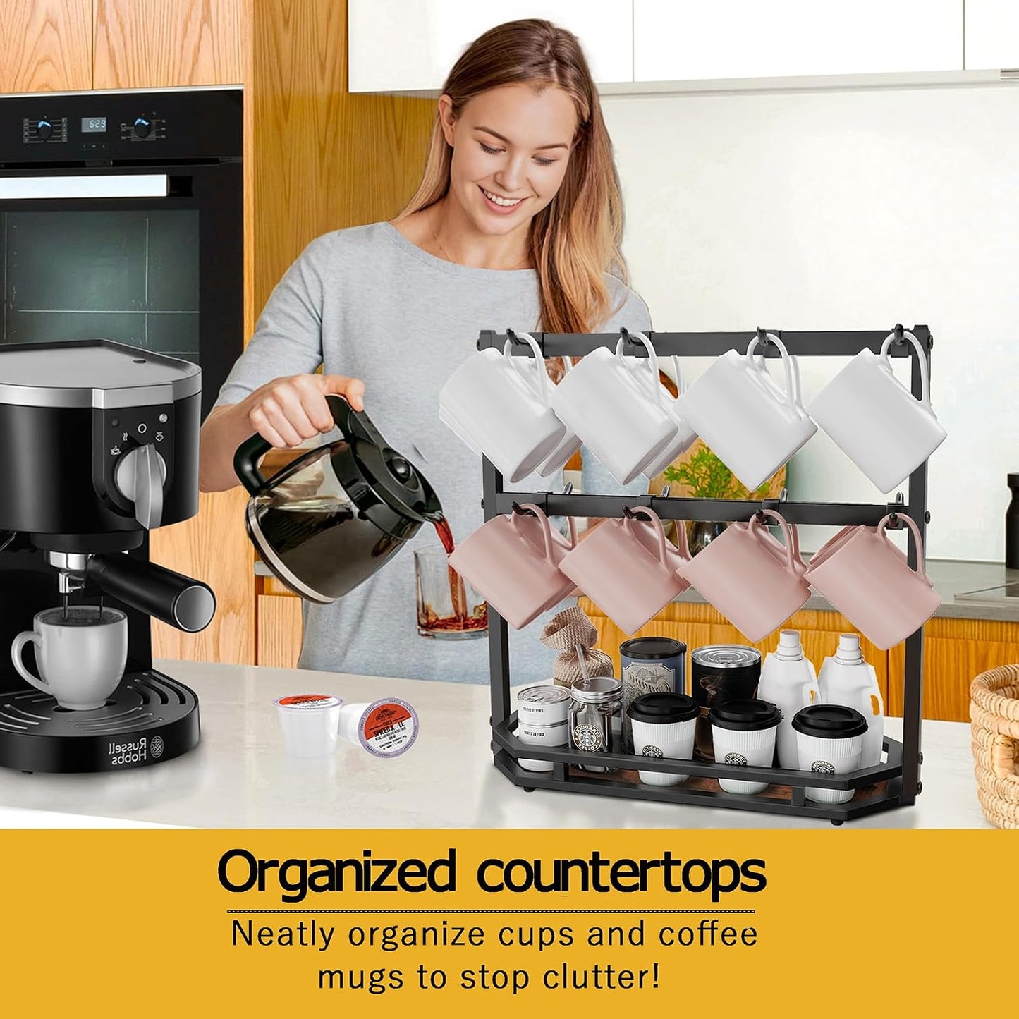 Coffee Mug Holder with Movable Hooks,16 Capacity Coffee Cup Holder for Countertop, Metal Mug Tree Holder Rack with