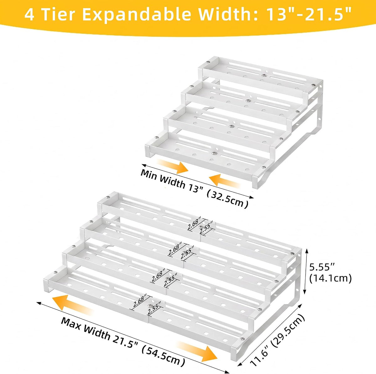 Spice Rack Organizer for Cabinet, 13-21.5" Expandable Spicy Shelf | 11.6" Depth 4-Tier White Metal Seasoning Organizer