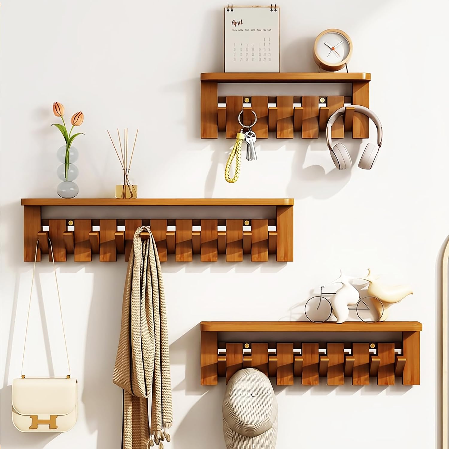Paint Wood Wall Mounted Coat RackHooks Piano Key Hangers Natural Solid Wood Hanger Non-Woven Fabric Clothes Hangers for
