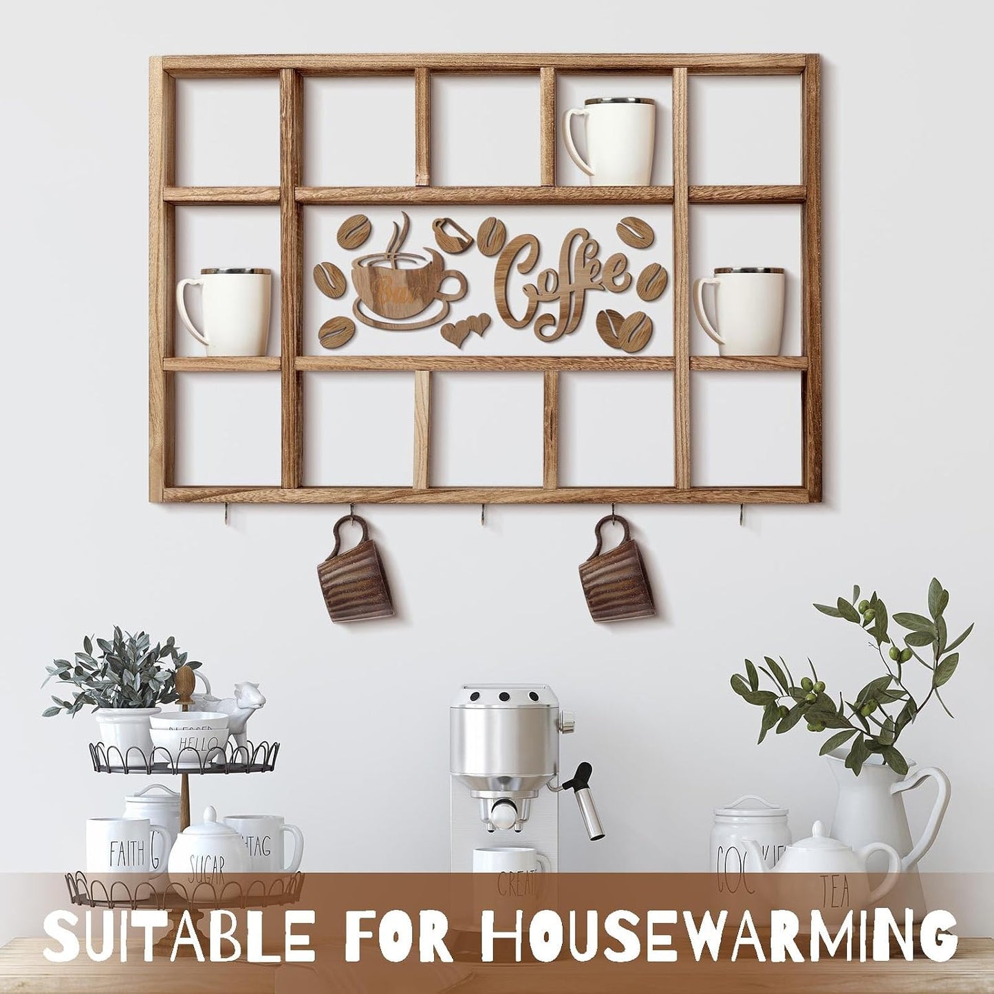 Cinnvoice Oversize Coffee Mug Display Shelf for Wall, Brown | Wood Coffee Mug Rack, Wall Mounted Shelf, Cubes Cup Hooks