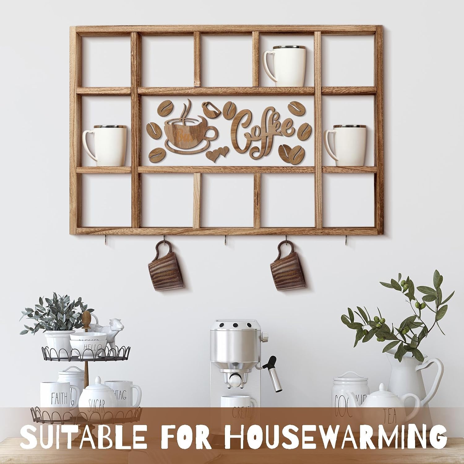 Cinnvoice Oversize Coffee Mug Display Shelf for Wall, Brown | Wood Coffee Mug Rack, Wall Mounted Shelf, Cubes Cup Hooks
