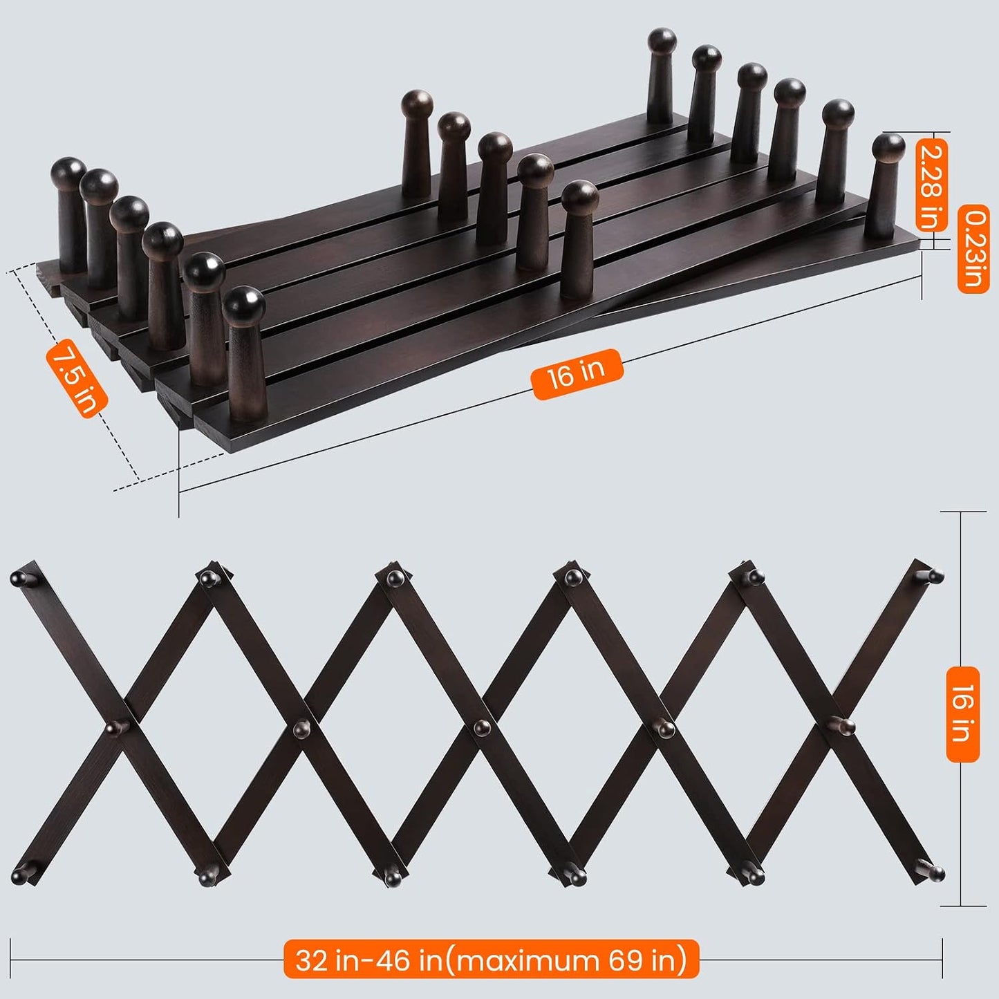 Accordion Wall Hanger, Hat Hangers Wall Mounted, Wood Accordian Coat Rack with 17 Hooks, Expandable Peg Rack Wall