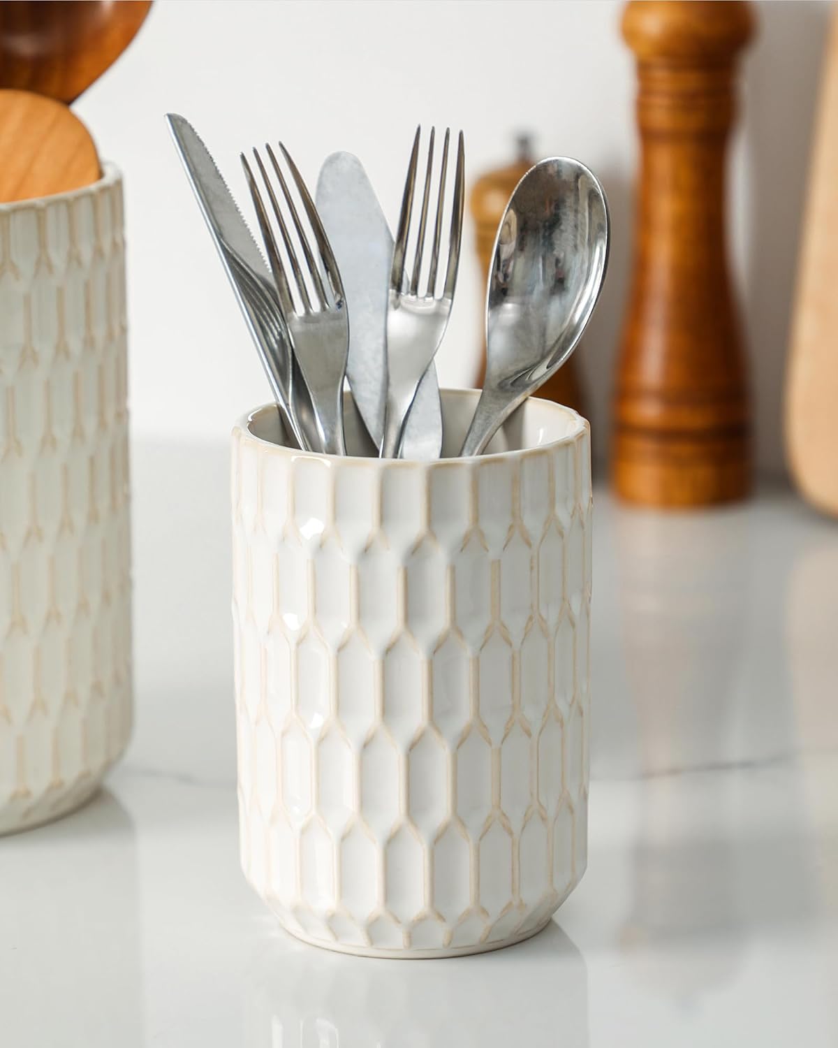Utensil Holder Set of 2, Large & Small Ceramic Crocks for Kitchen | Countertop, Farmhouse Kitchen Decor, Thick Durable