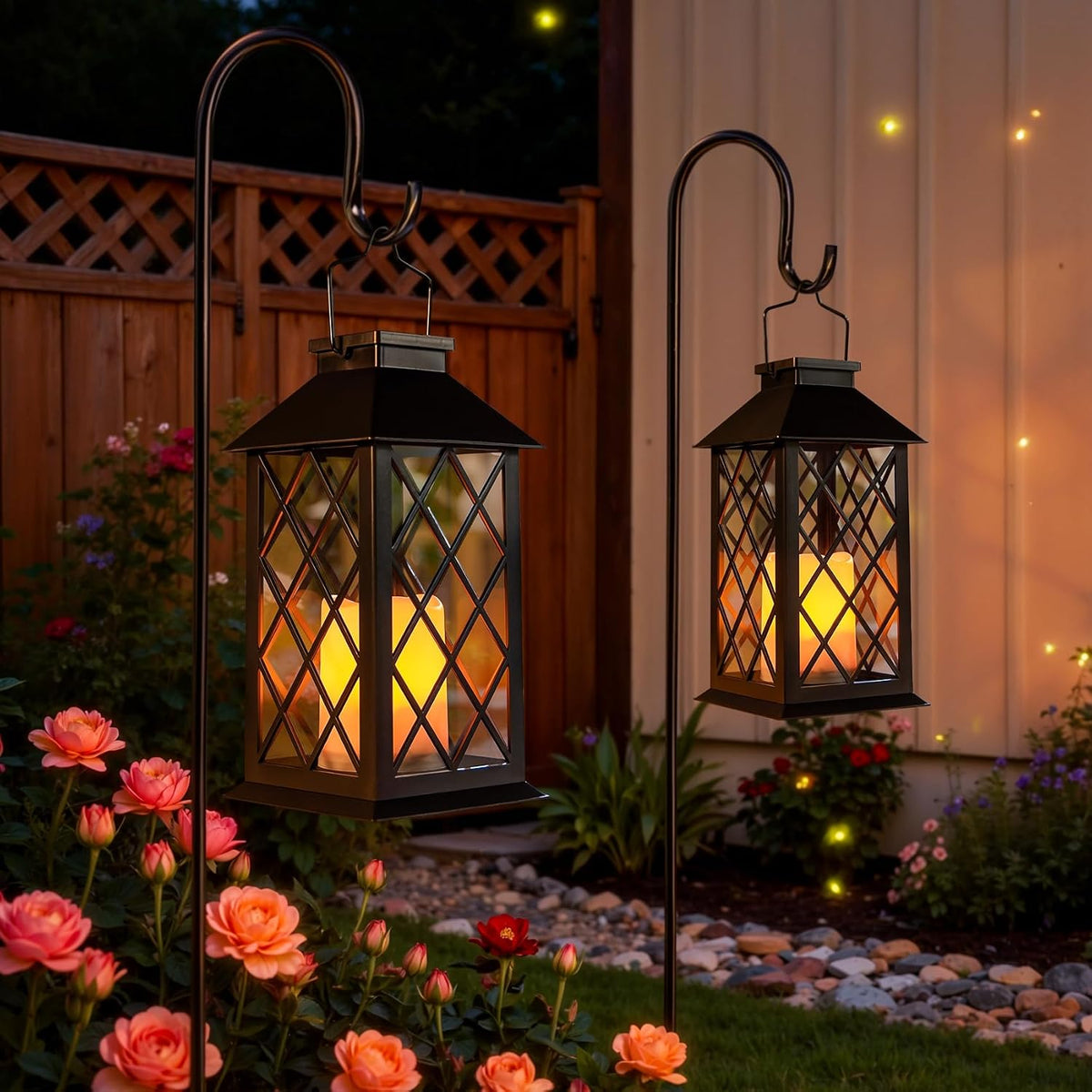 [2 Pack] TAKE ME Black 14" Solar Lanterns Outdoor Waterproof Garden Lanterns LED Candle Lights for Garden Outdoor Decor