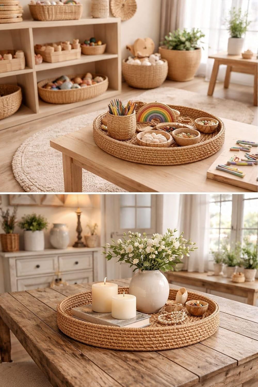 Round Rattan Serving Tray Set