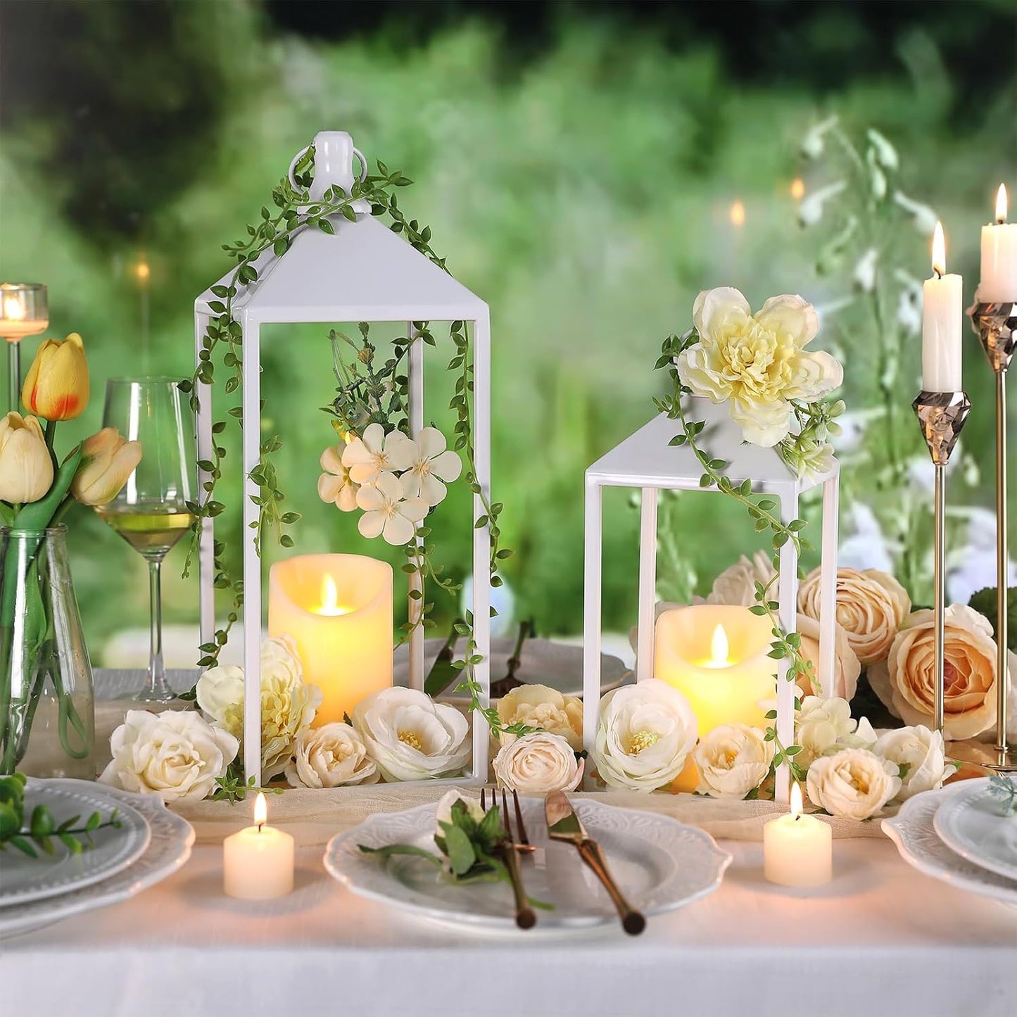2 Pcs Wedding Lanterns Decorative with Candles White Farmhouse Lanterns | Glass-free Metal Decorative Candle Lanterns