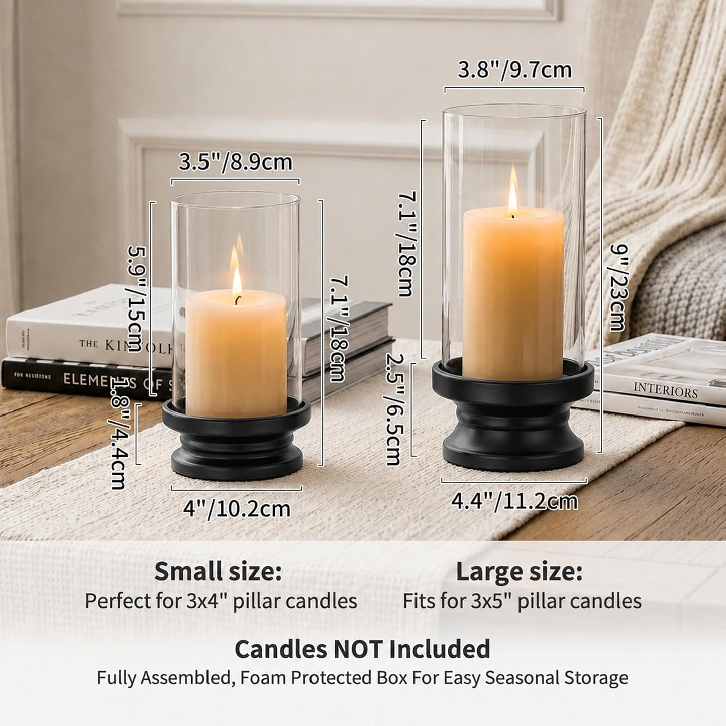 NUPTIO Hurricane Candle Holder for Pillar - Set of 2 Black | Pillar Candle Holders with Thick Glass Cylinder - Iron