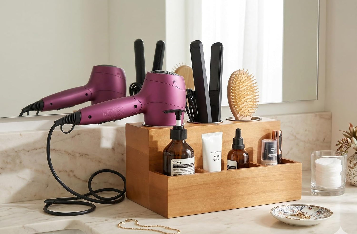 Hair Tools Organizer - Wood Tan - Blow Dryer, Straightener, Curling Wand, Brushes Holder - Vanity & Bathroom Storage