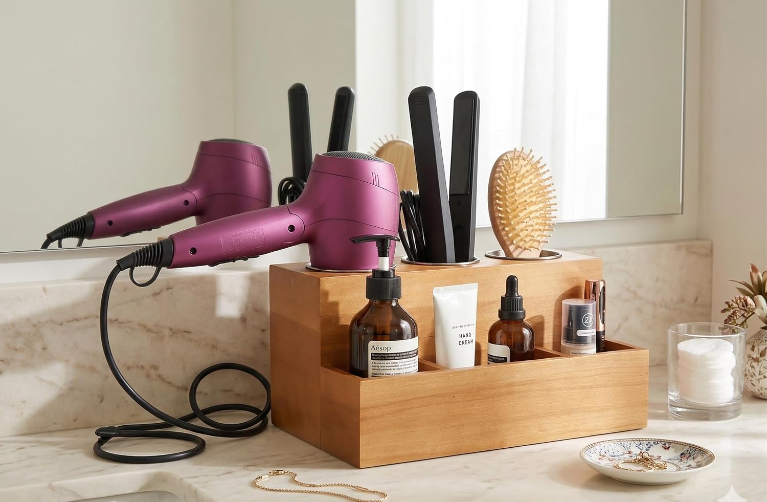 Hair Tools Organizer - Wood Tan - Blow Dryer, Straightener, Curling Wand, Brushes Holder - Vanity & Bathroom Storage