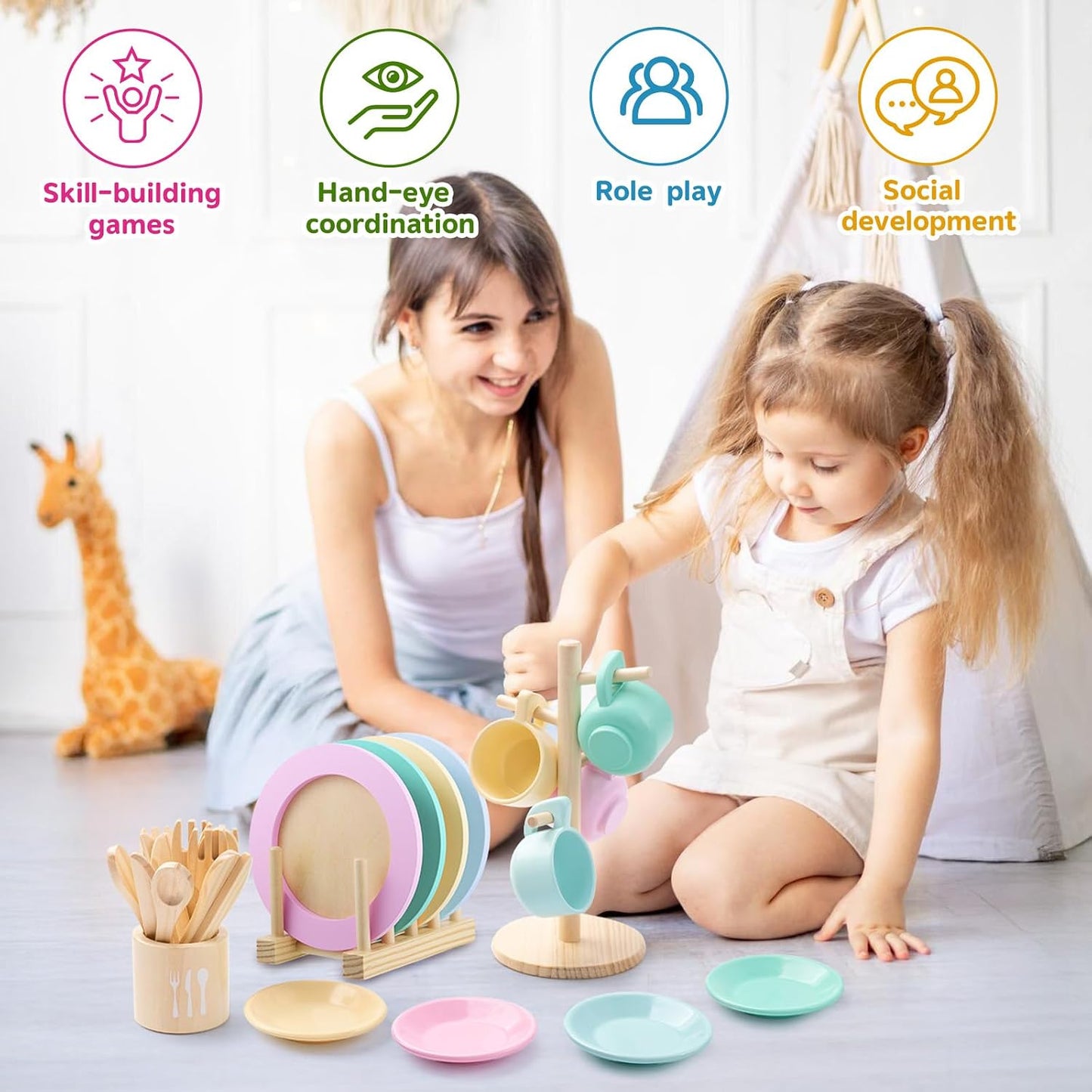 Storage Stand & / Kids Wooden Play Dishes Set / Macaron Colors with Stands-2 / Set of 27