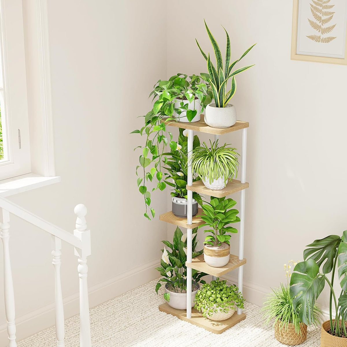Bamworld Plant Stand 5 Tier Corner Shelf for Multiple Plants White | Tiered shelf makes efficient use of corners in