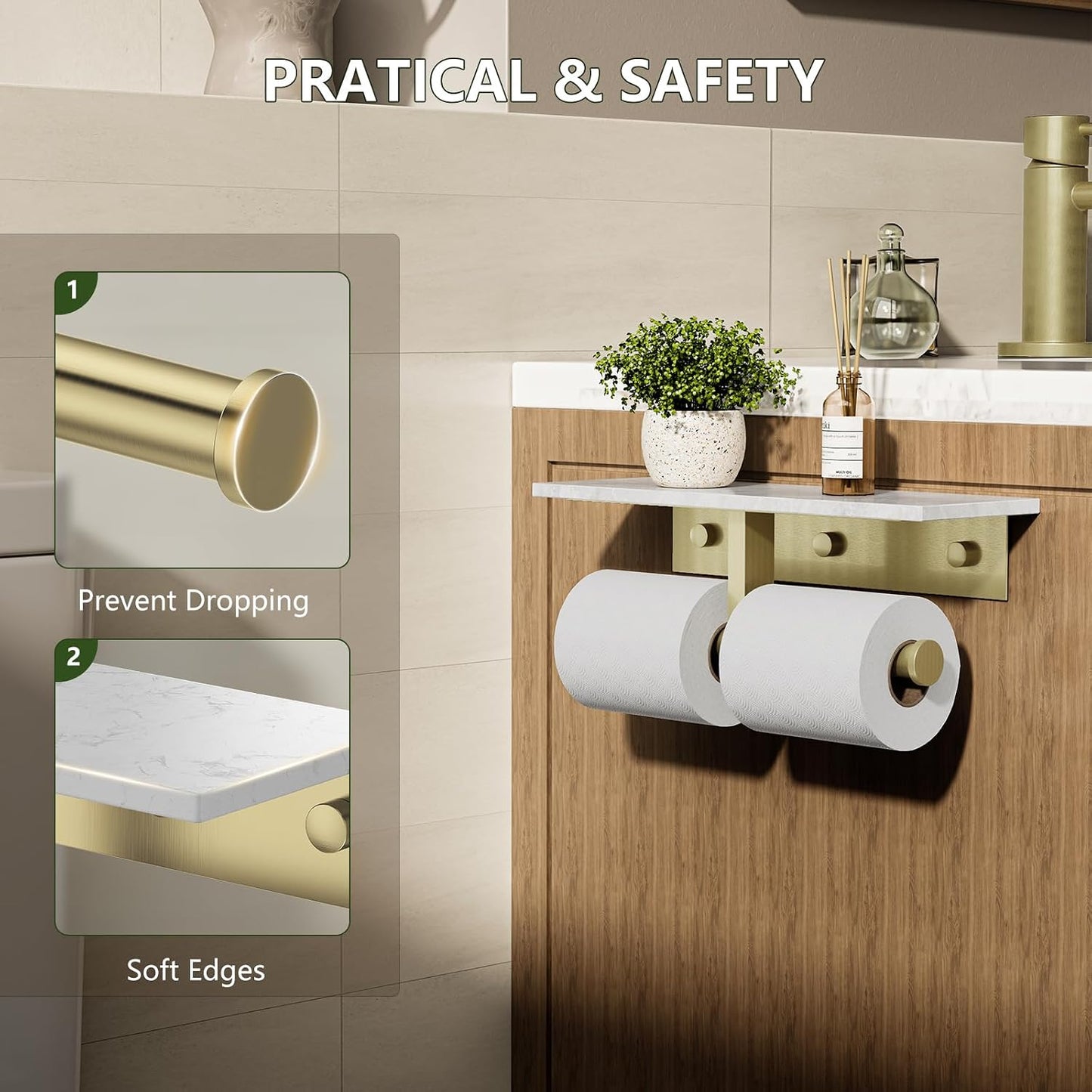 Marble Toilet Paper Holder with Shelf Doulble Bathroom Tissue Roll Holder | Brushed Gold 304 Stainless Steel Toilet